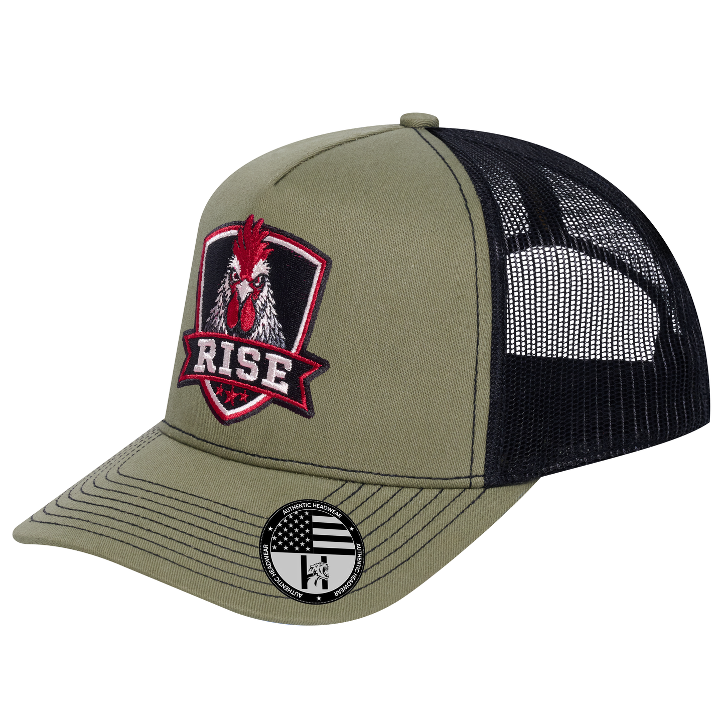 The Rise Rooster 5-Panel Trucker Hat - Olive front and Black mesh back - angled view