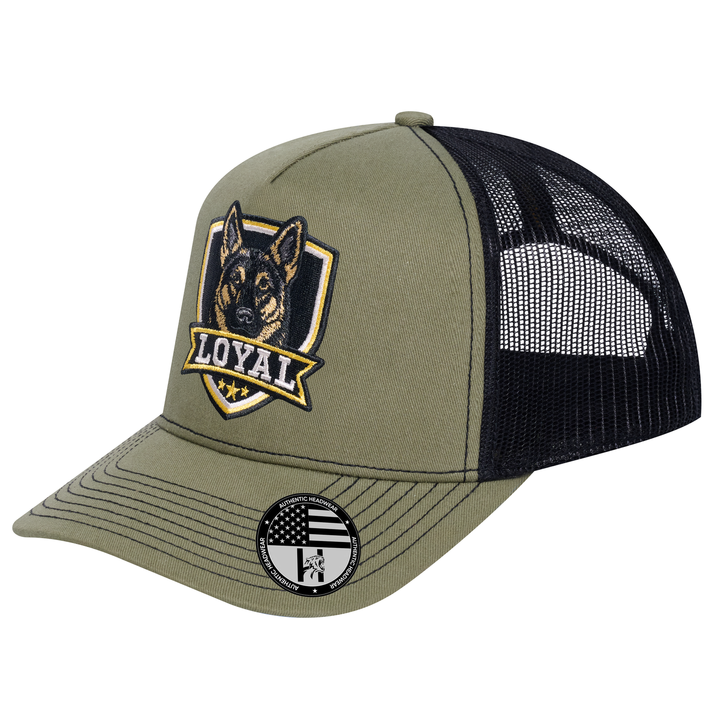 The Loyal 5-Panel Trucker Hat - Olive front and Black mesh back - angled view