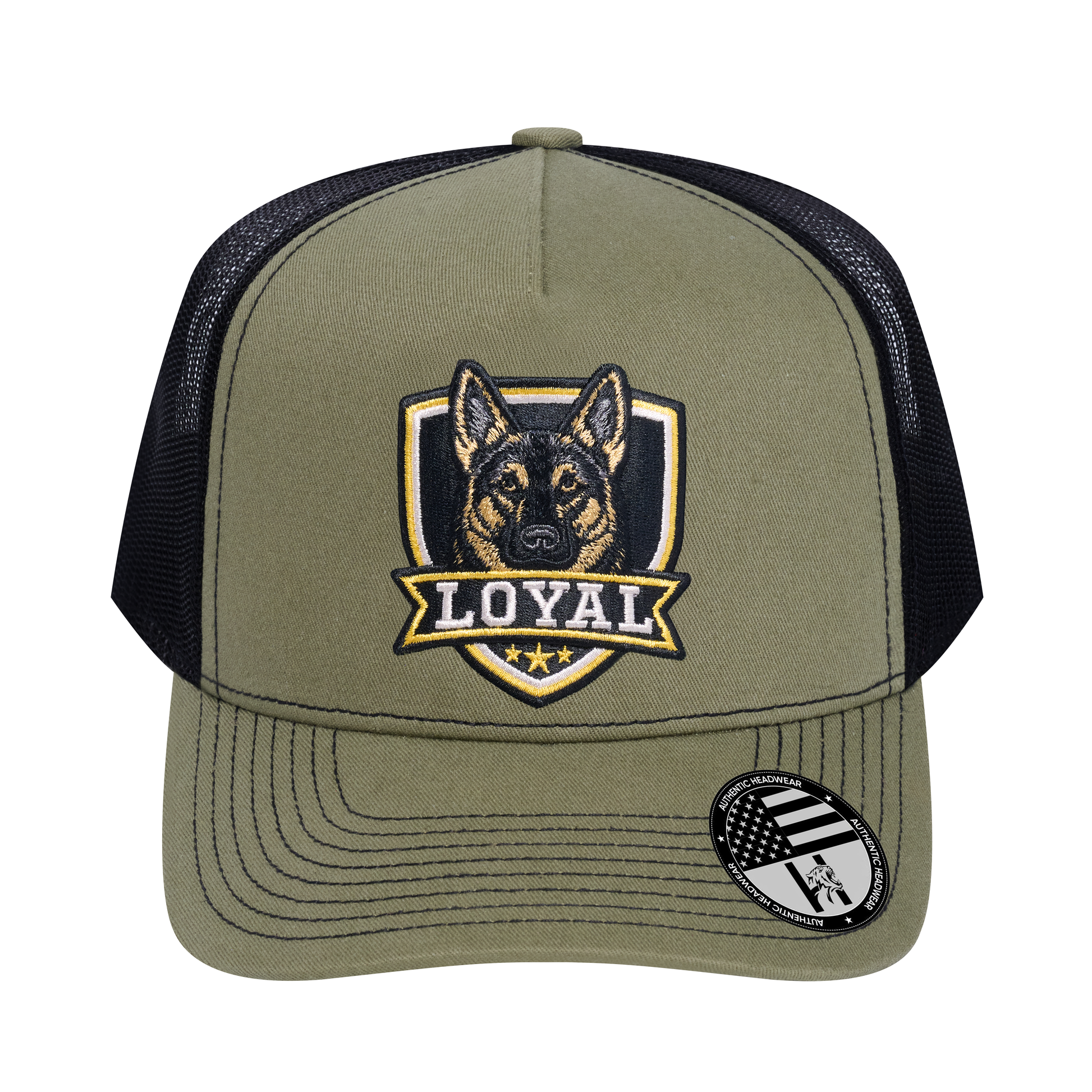The Loyal 5-Panel Trucker Hat - Olive front and Black mesh back - front view