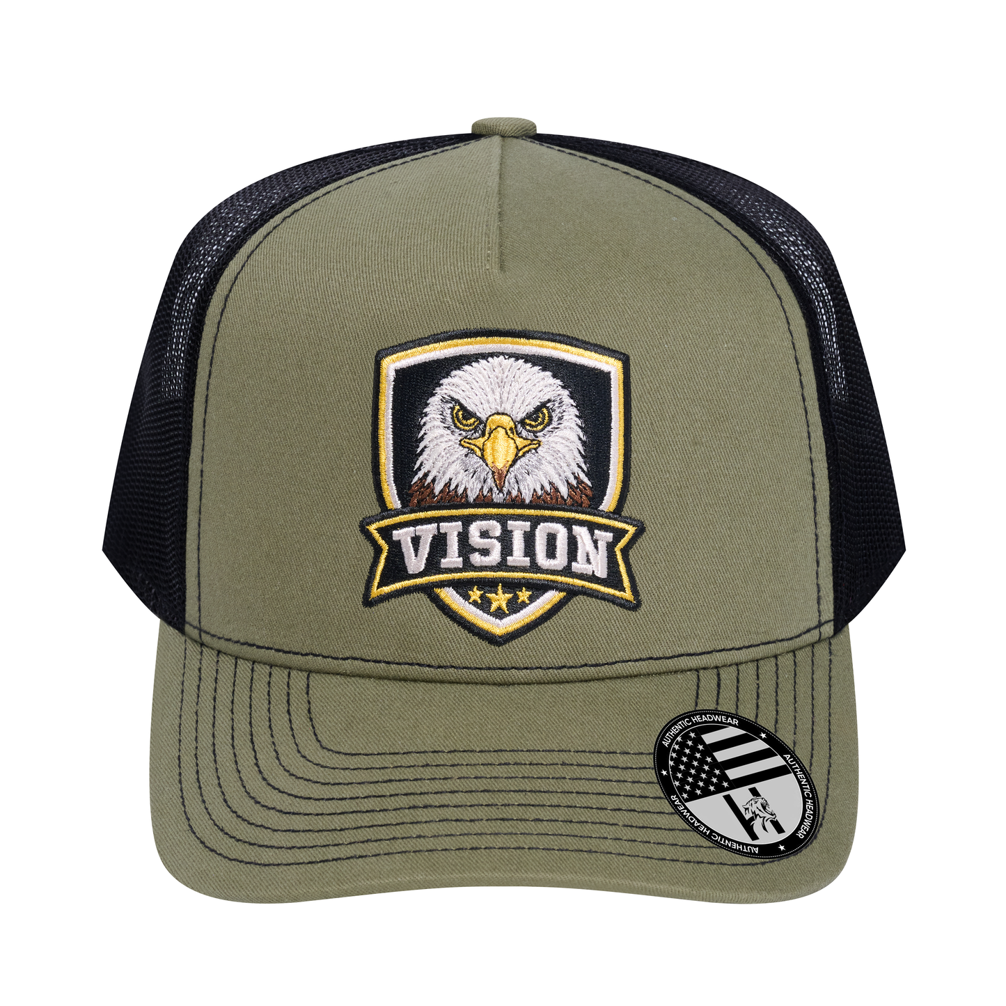 The Vision 5-Panel Trucker Hat - Olive front and Black mesh back - front view