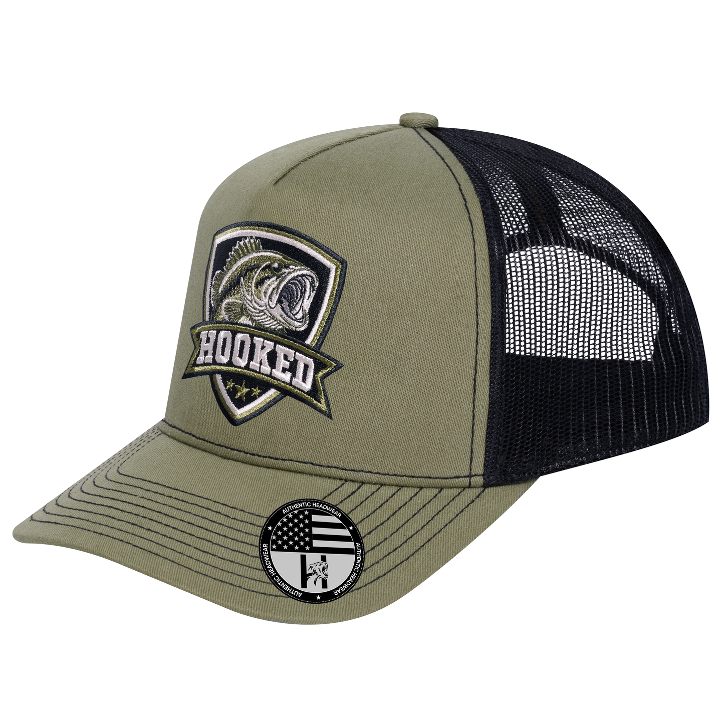 The Hooked Fishing 5-Panel Trucker Hat - Olive front and Black mesh back - angled view