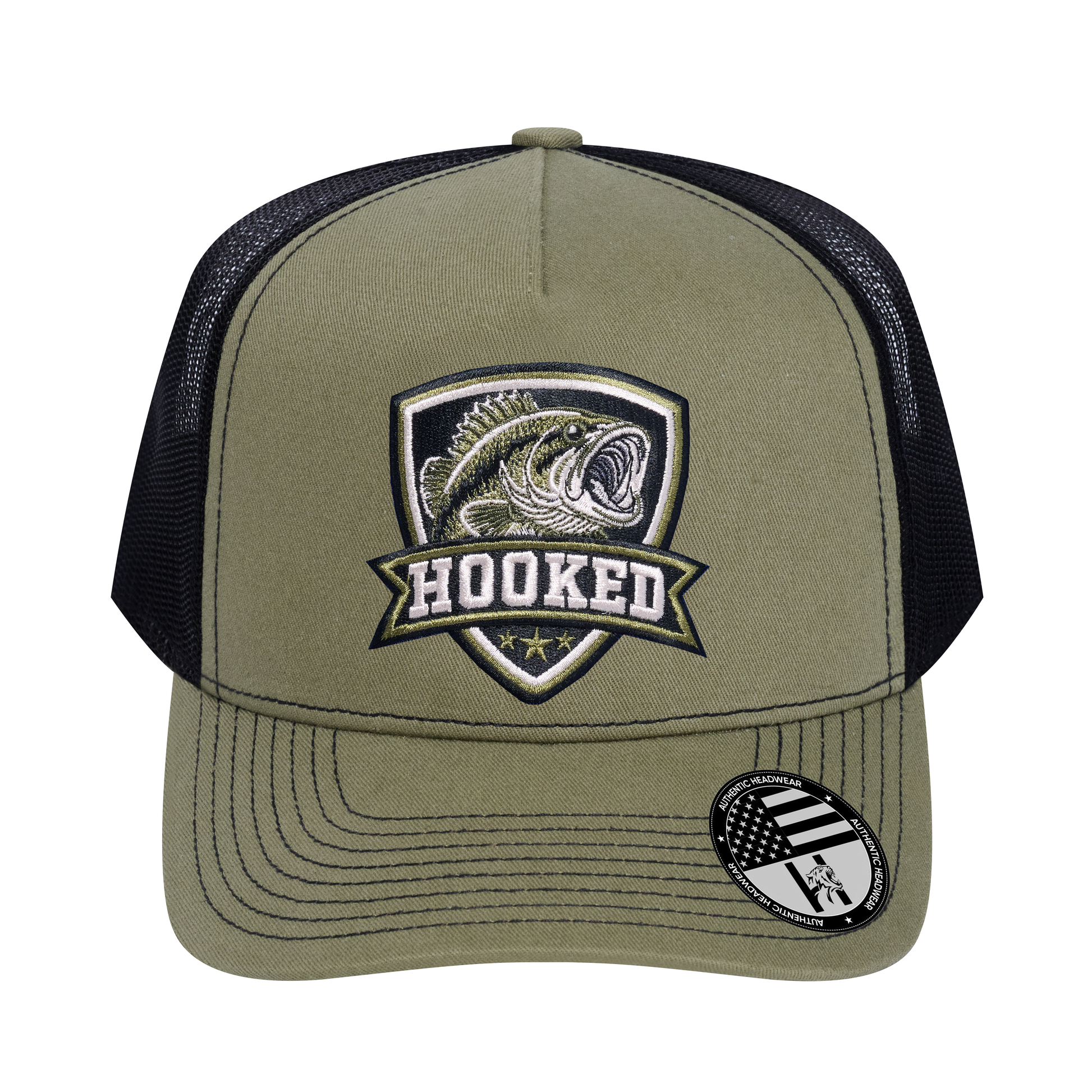 The Hooked Fishing 5-Panel Trucker Hat - Olive front and Black mesh back - front view
