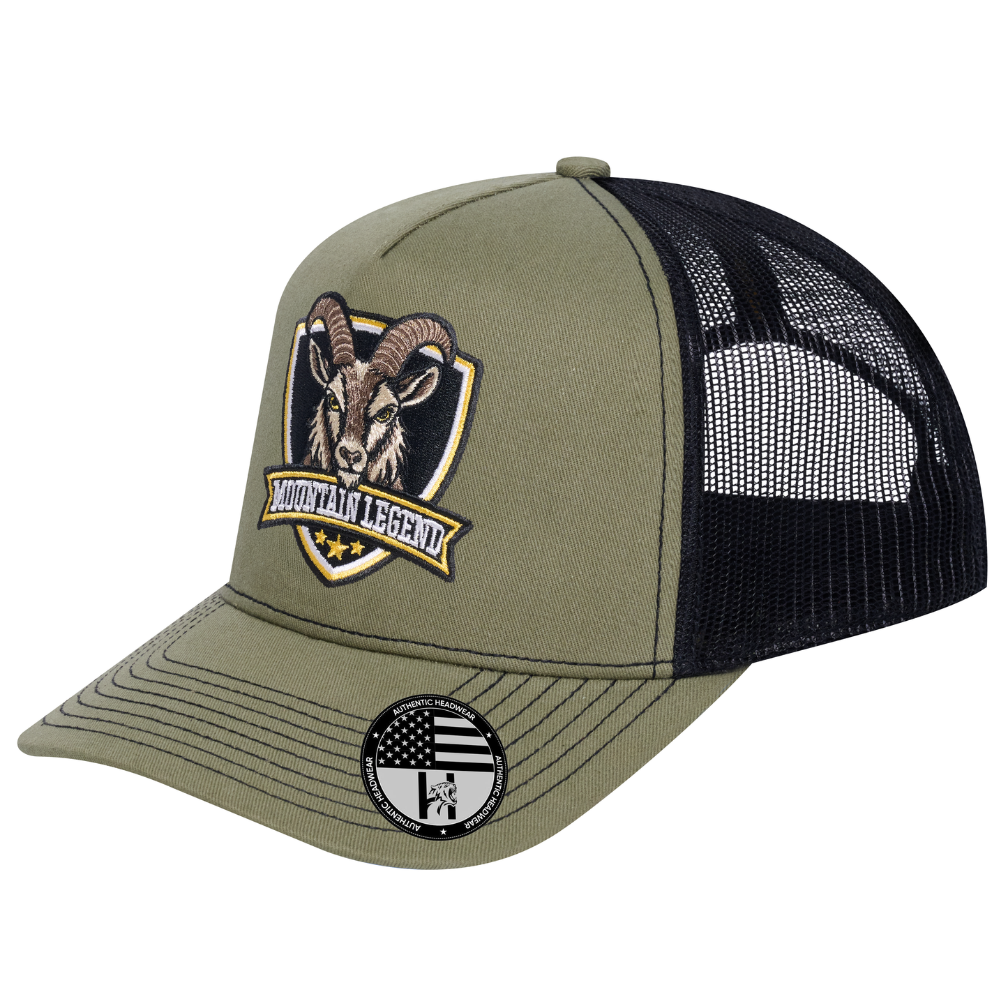The Mountain Legend Goat 5-Panel Trucker Hat - Olive front and Black mesh back - angled view