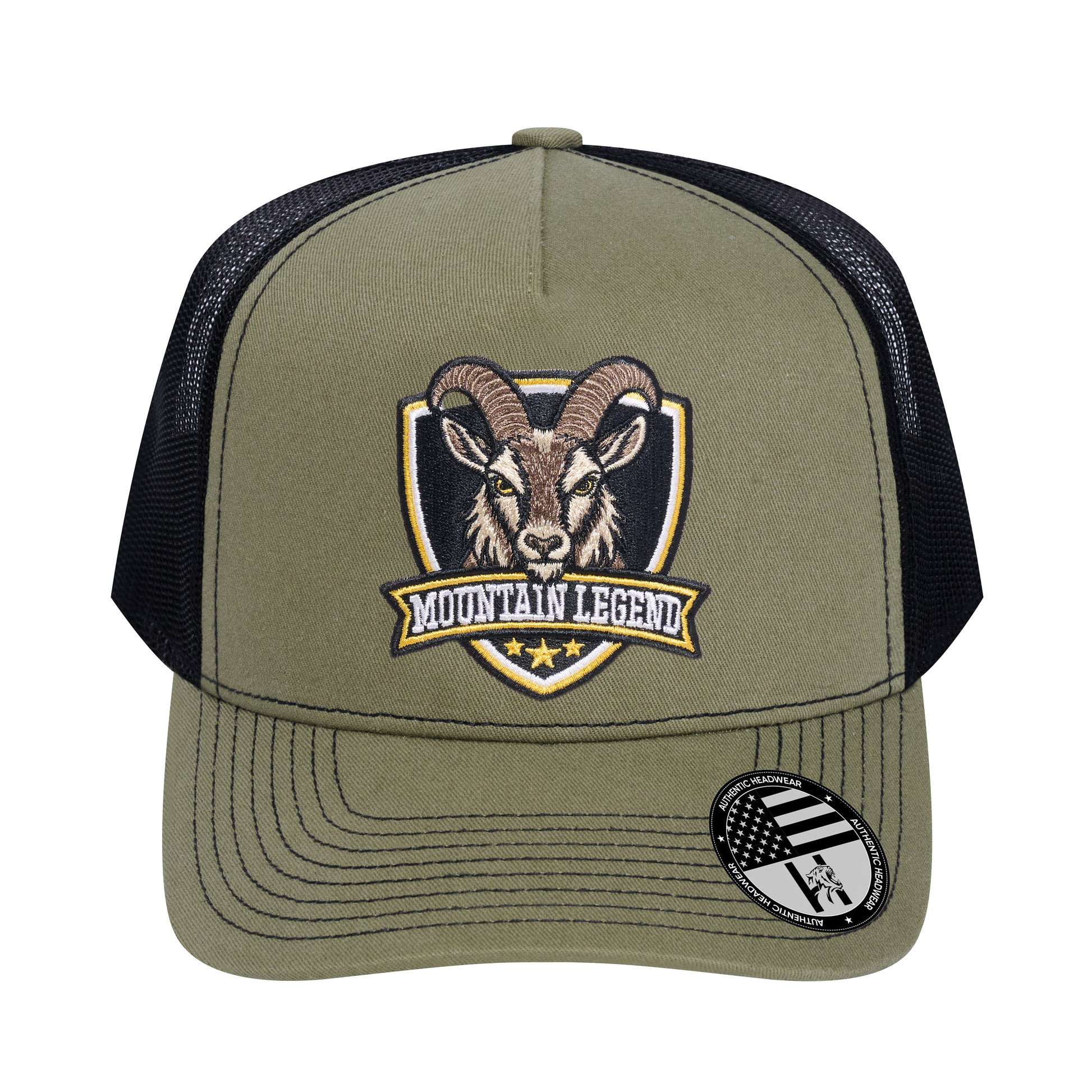 The Mountain Legend Goat 5-Panel Trucker Hat - Olive front and Black mesh back - front view
