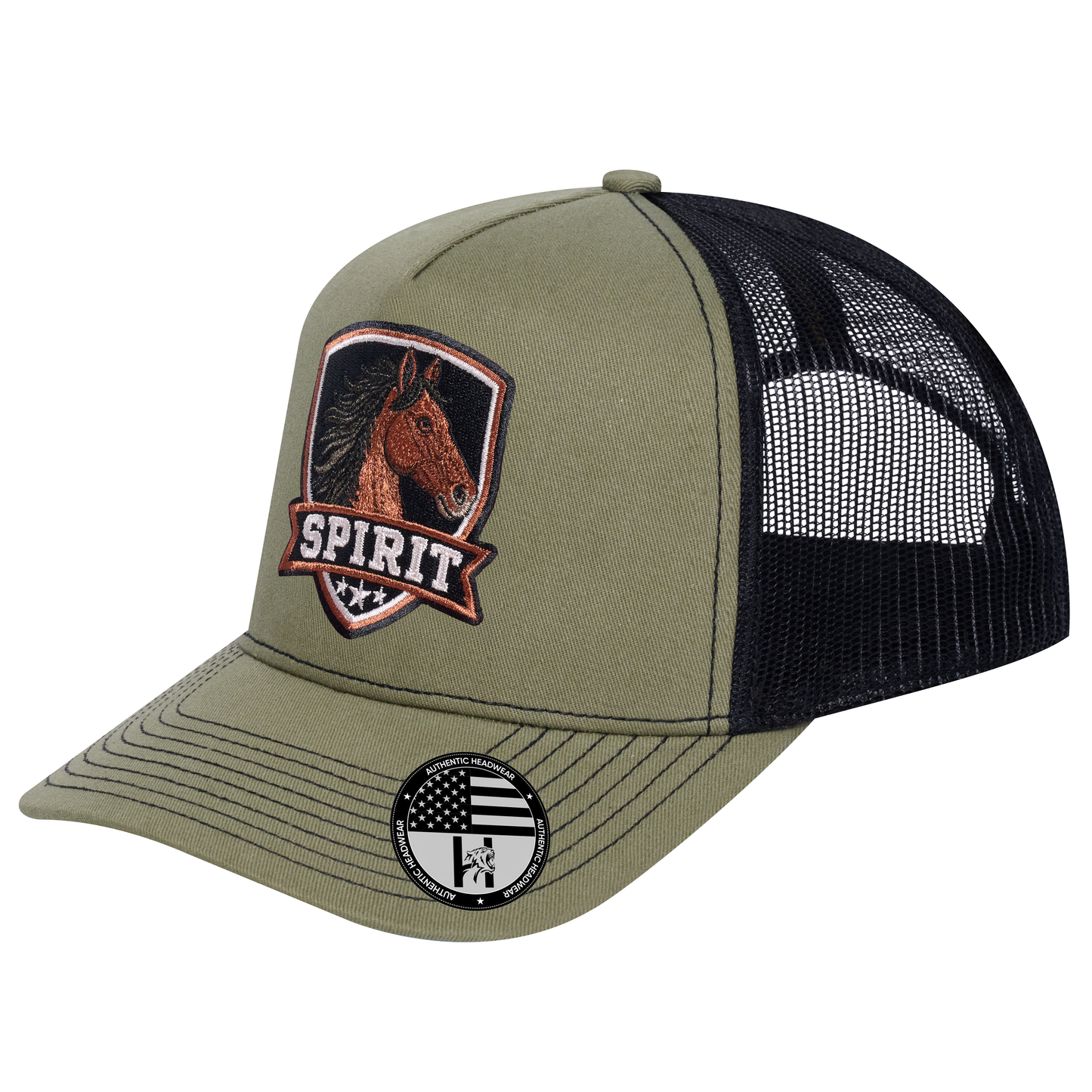 The Spirit 5-Panel Trucker Hat - Olive front and Black mesh back - angled view