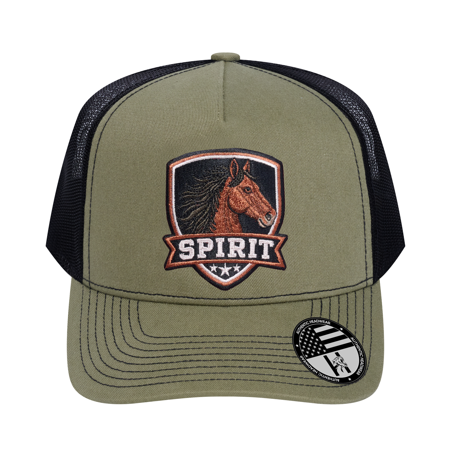 The Spirit 5-Panel Trucker Hat - Olive front and Black mesh back - front view