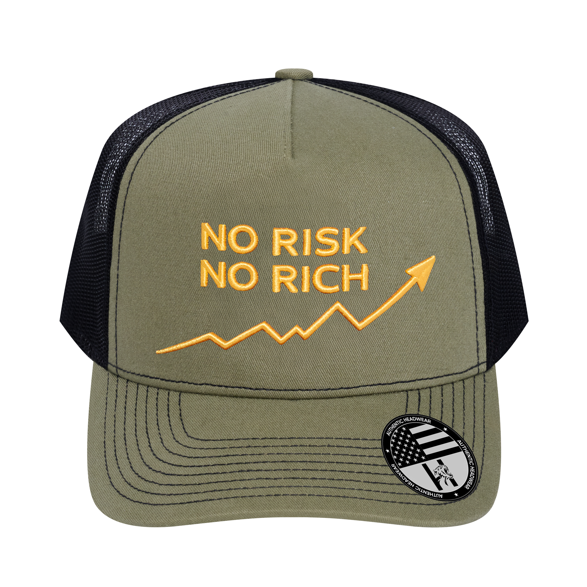 No Risk No Rich 5-Panel Trucker Hat - Olive front and Black mesh back - front view
