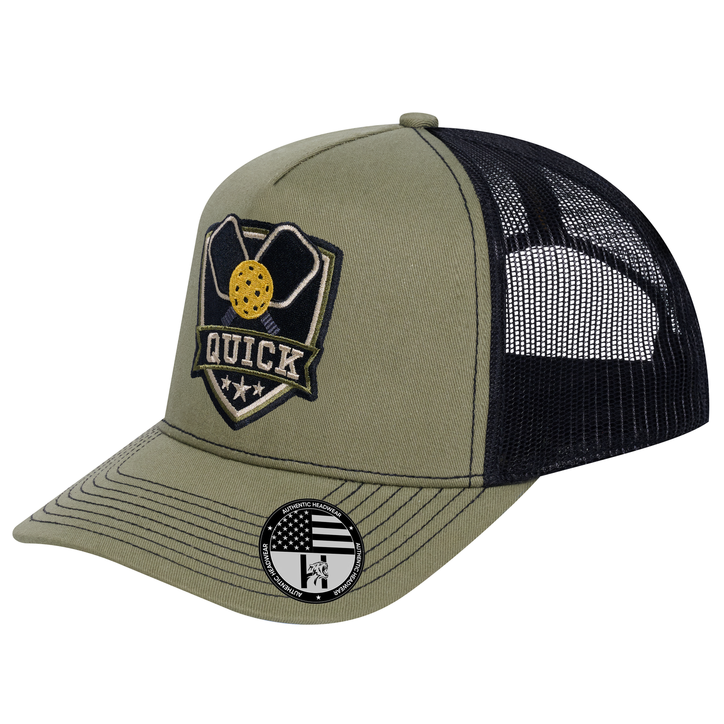 The Quick Pickleball 5-Panel Trucker Hat - Olive front and Black mesh back - angled view