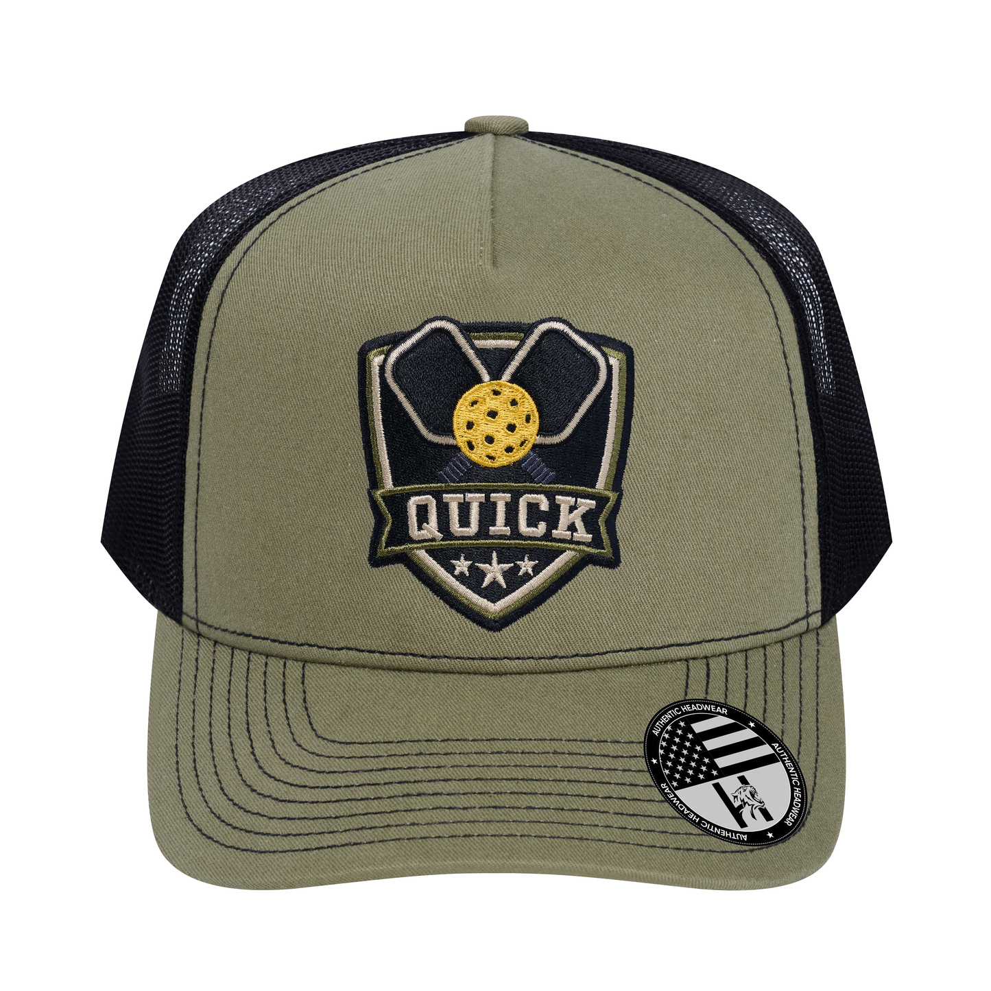 The Quick Pickleball 5-Panel Trucker Hat - Olive front and Black mesh back - front view