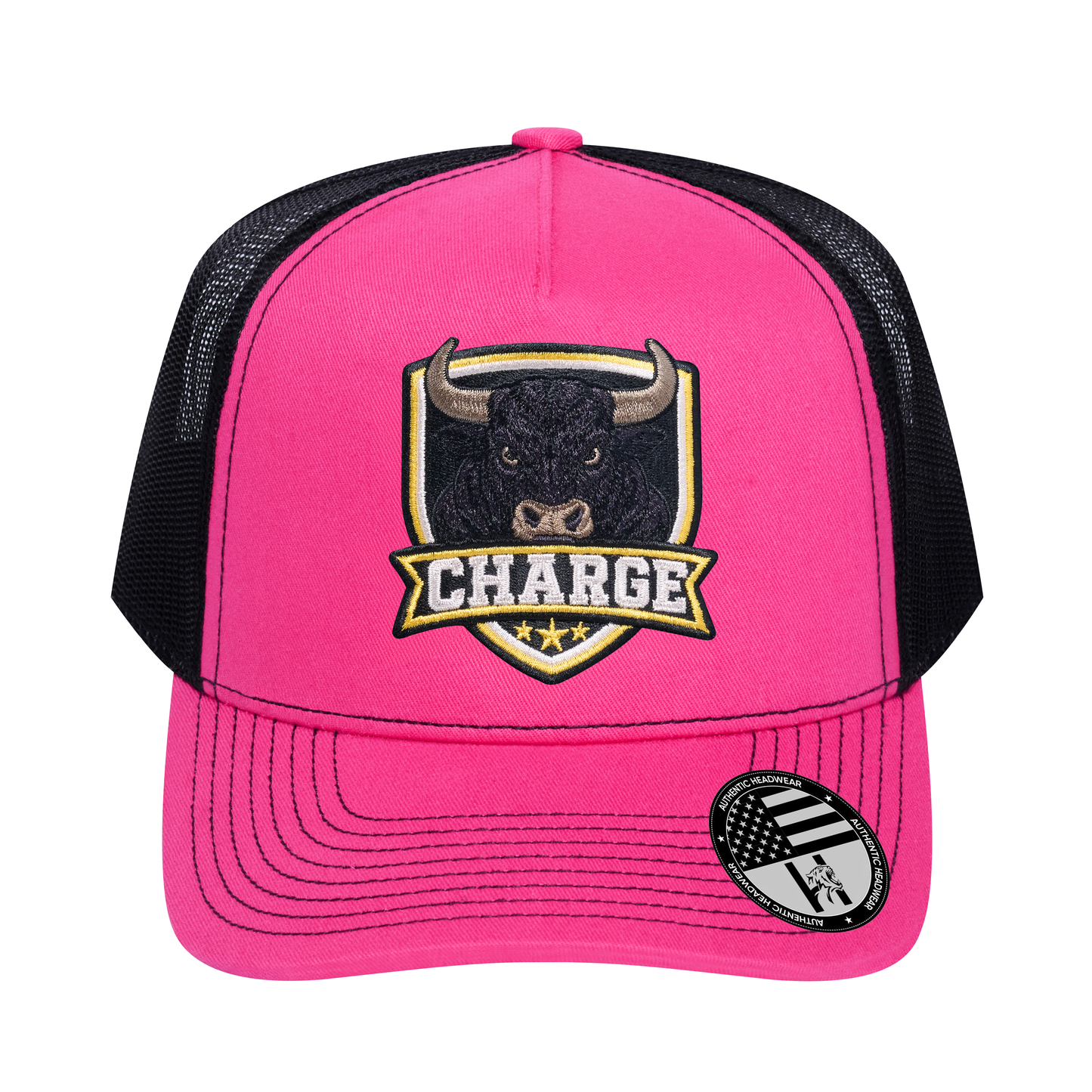 The Charge 5-Panel Trucker Hat - Pink front and Black mesh back - front view
