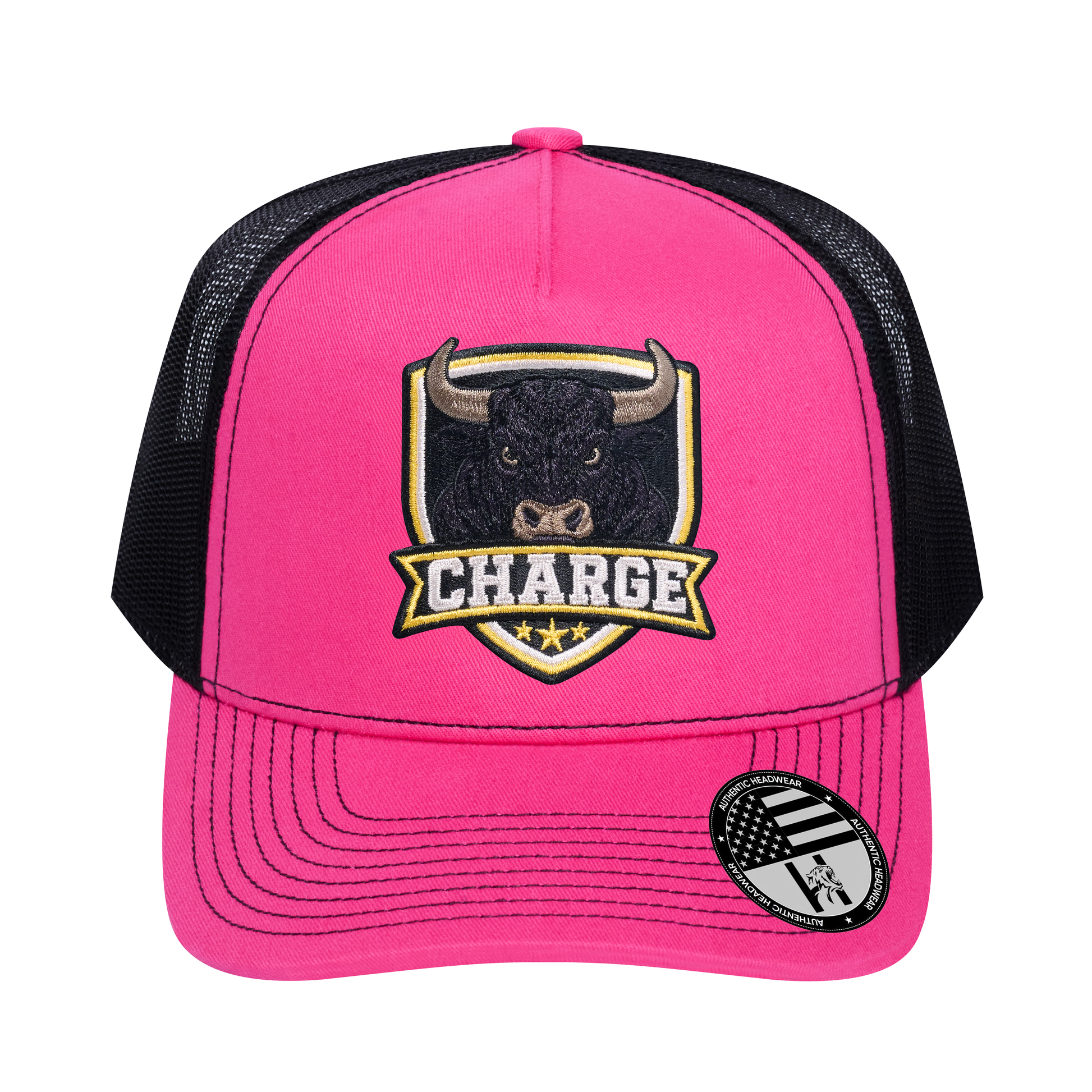 The Charge 5-Panel Trucker Hat - Pink front and Black mesh back - front view