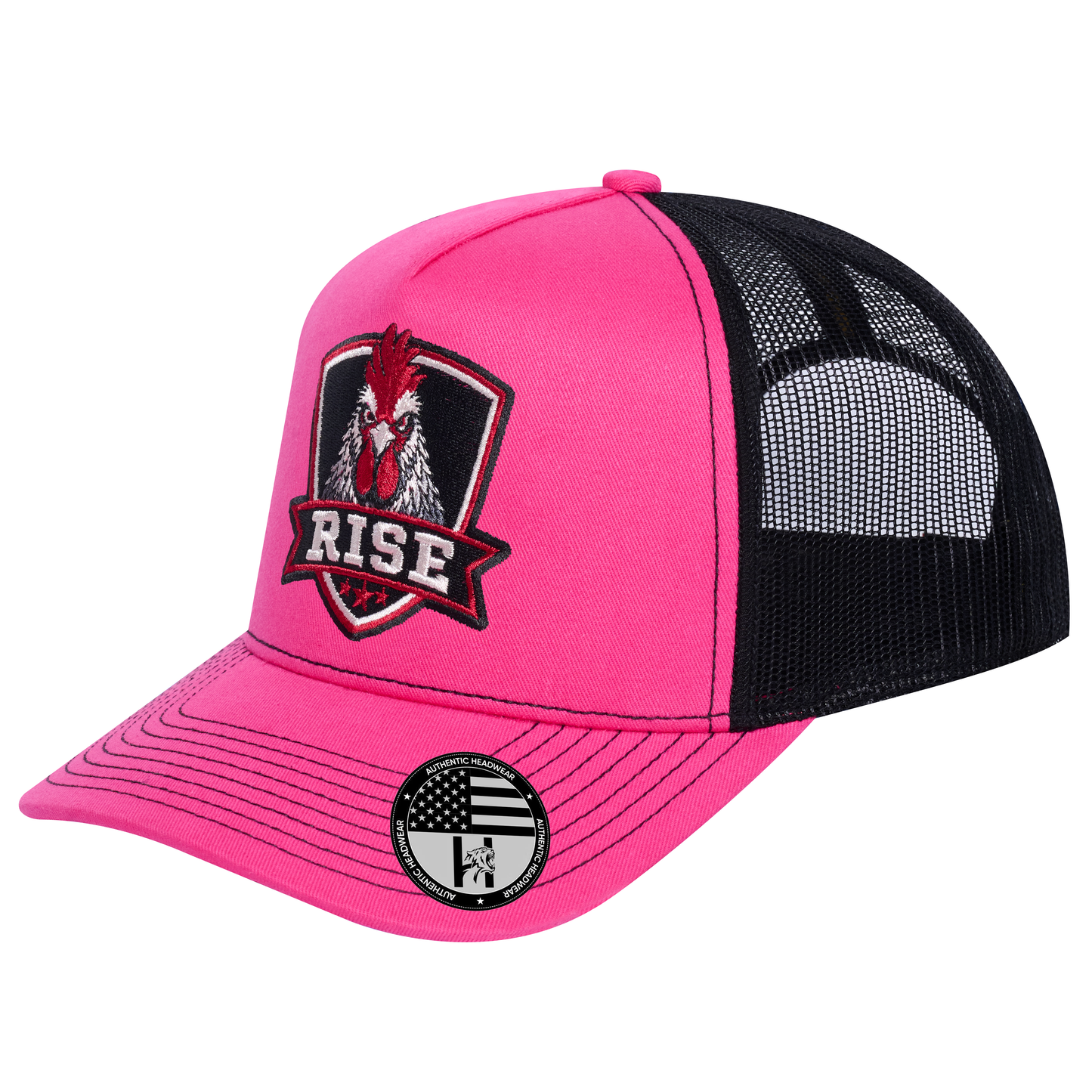 The Rise Rooster 5-Panel Trucker Hat - Pink front and Black mesh back - angled view