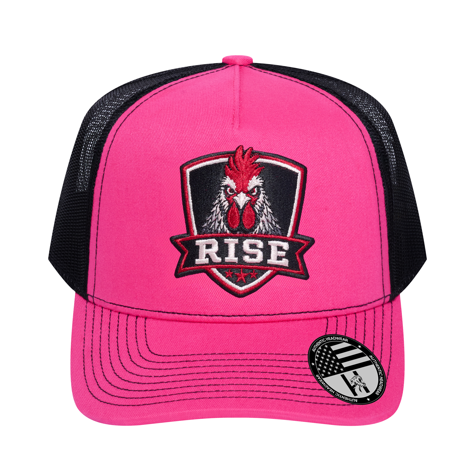 The Rise Rooster 5-Panel Trucker Hat - Pink front and Black mesh back - front view