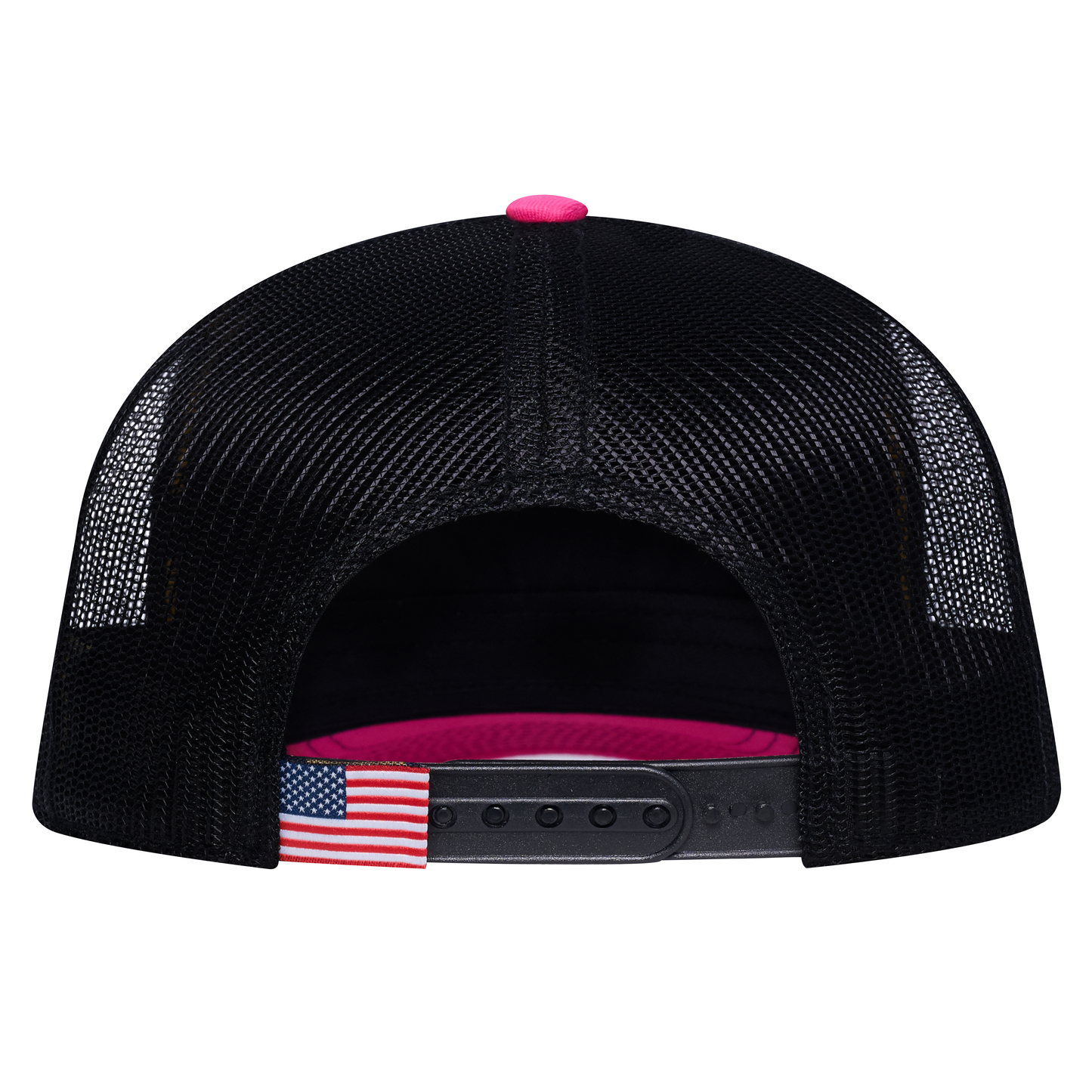 The Rise Rooster 5-Panel Trucker Hat - Pink front and Black mesh back - back view
