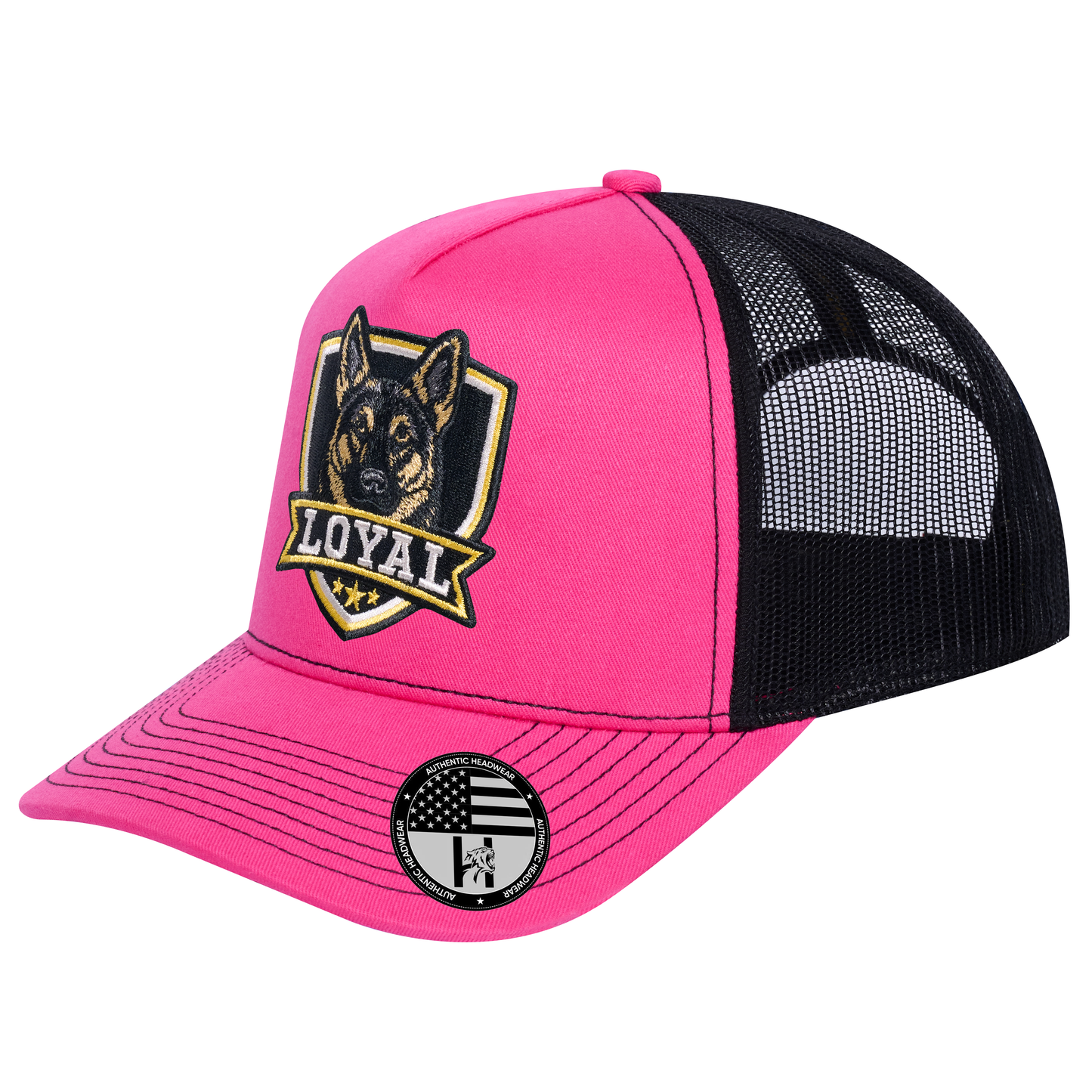 The Loyal 5-Panel Trucker Hat - Pink front and Black mesh back - angled view