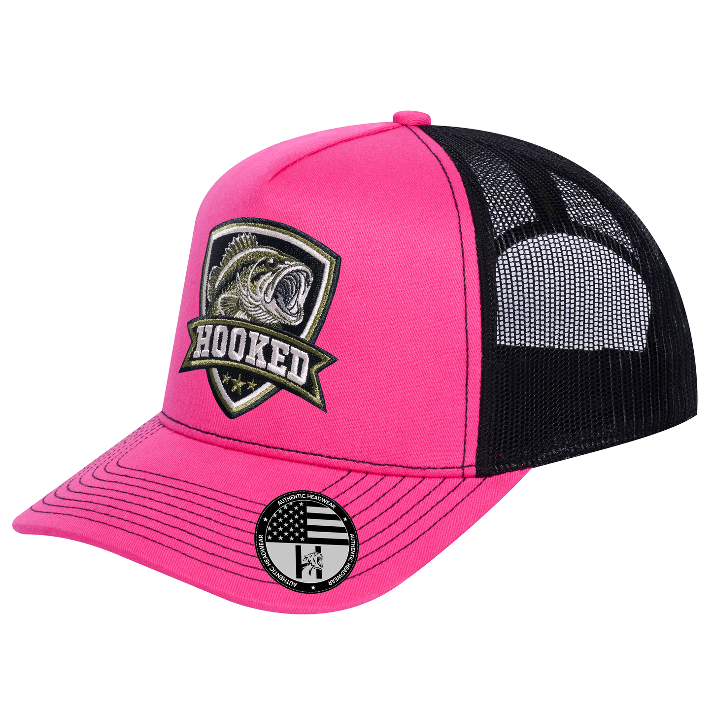 The Hooked Fishing 5-Panel Trucker Hat - Pink front and Black mesh back - angled view