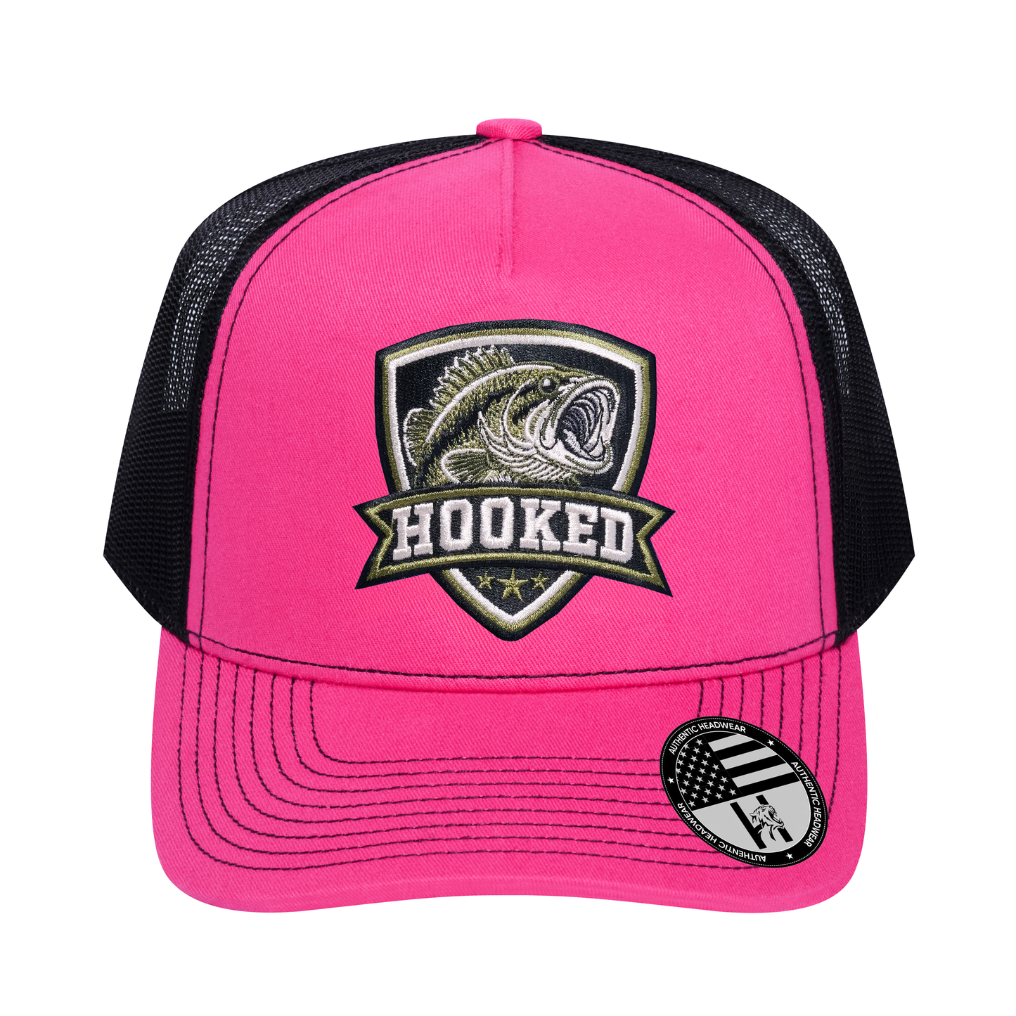 The Hooked Fishing 5-Panel Trucker Hat - Pink front and Black mesh back - front view