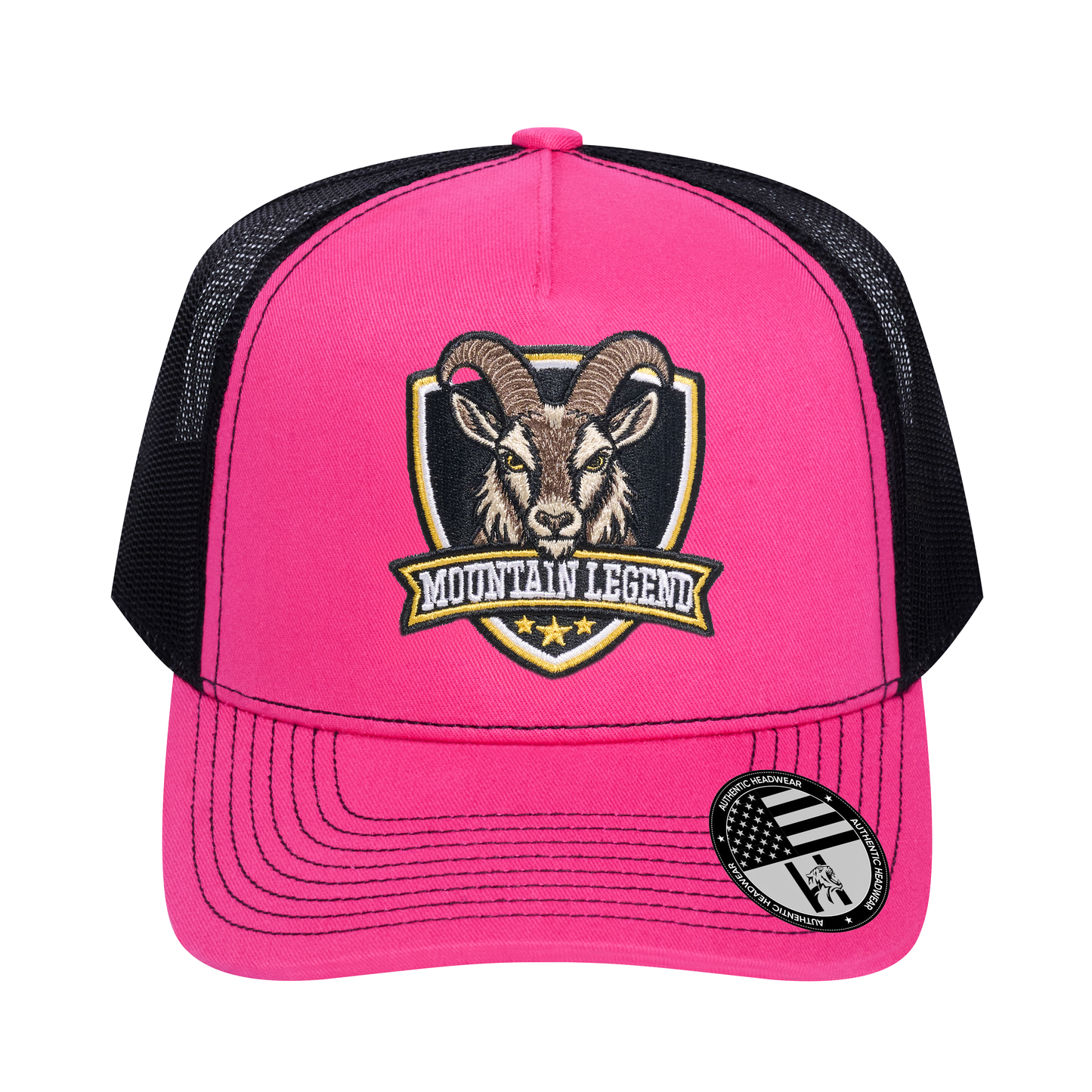 The Mountain Legend Goat 5-Panel Trucker Hat - Pink front and Black mesh back - front view