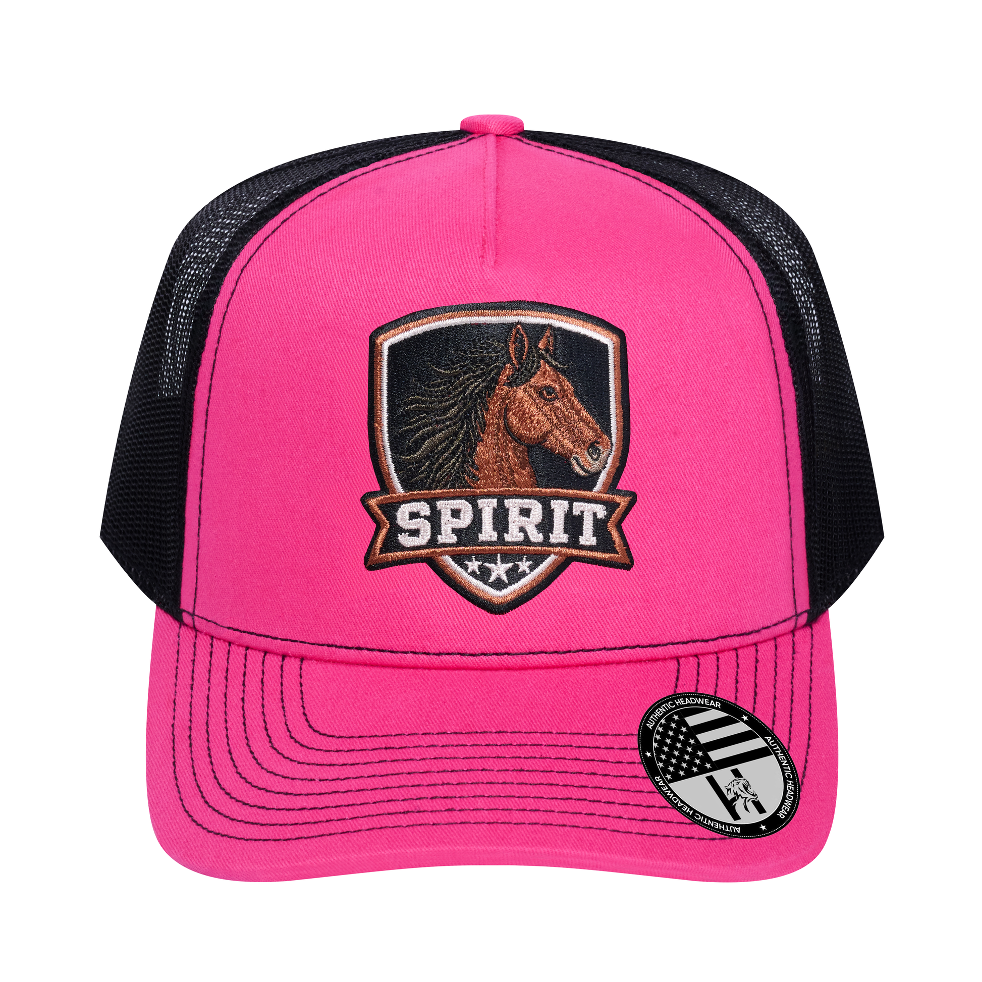 The Spirit 5-Panel Trucker Hat - Pink front and Black mesh back - front view