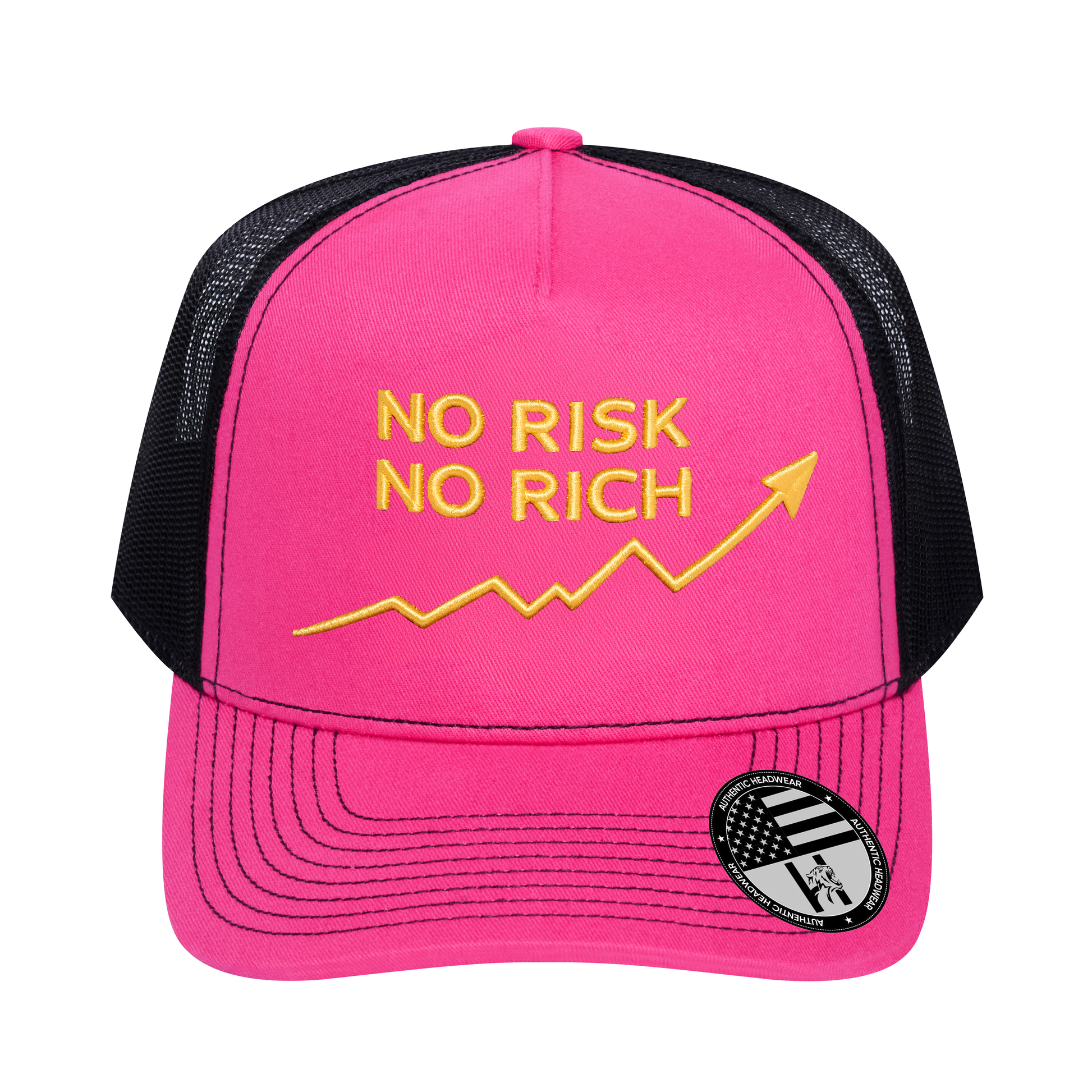 No Risk No Rich 5-Panel Trucker Hat - Pink front and Black mesh back - front view