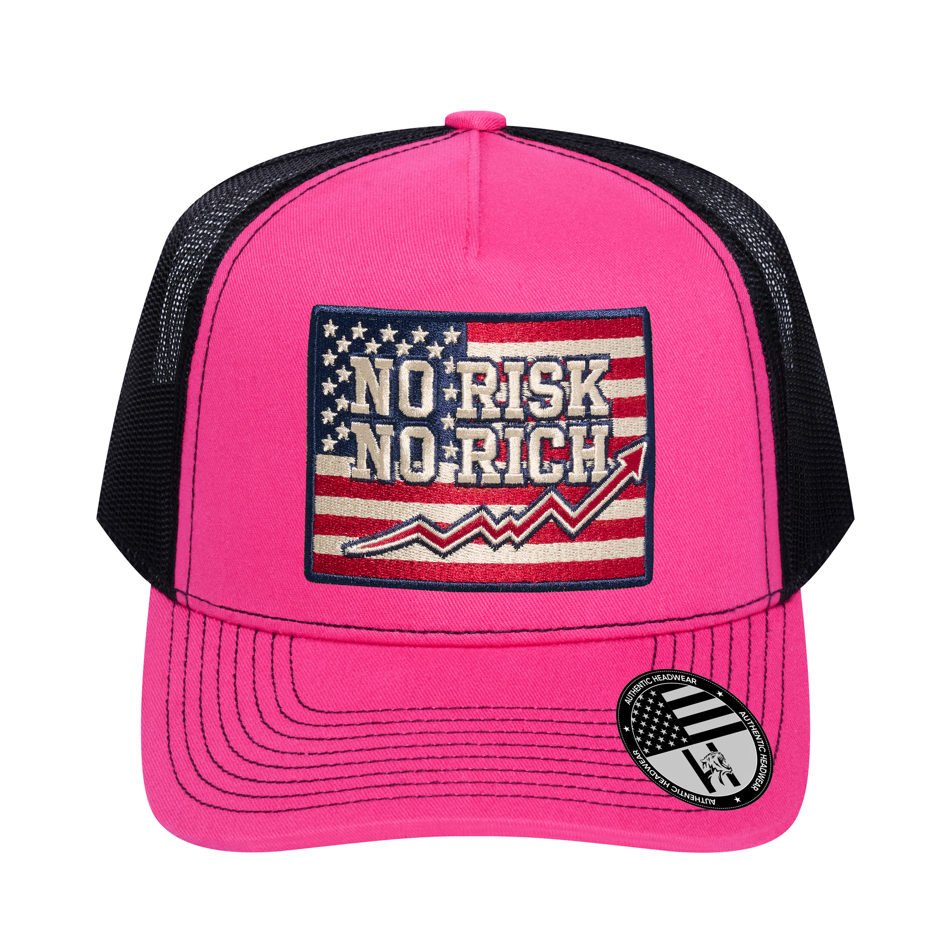 No Risk No Rich US Flag 5-Panel Trucker Hat - Pink front and Black mesh back - front view