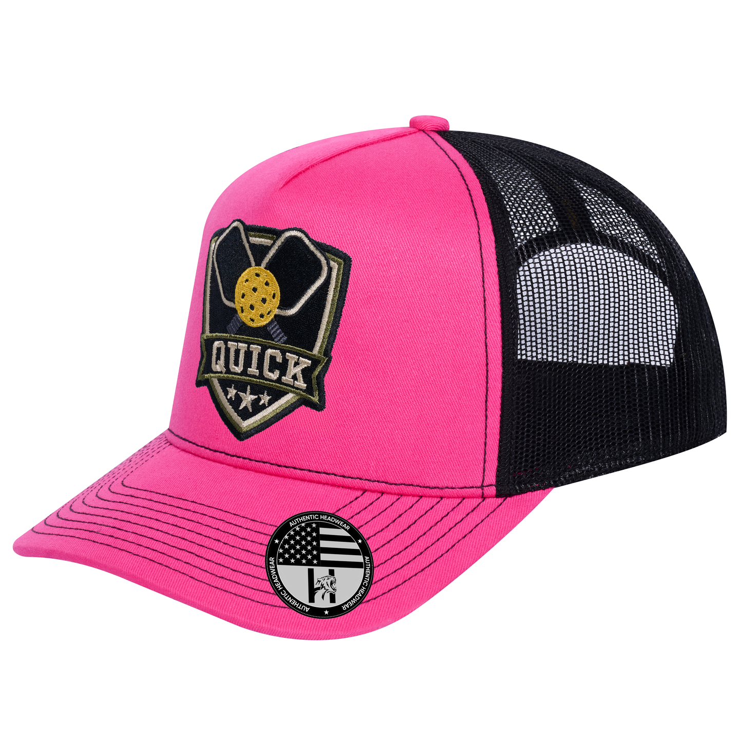 The Quick Pickleball 5-Panel Trucker Hat - Pink front and Black mesh back - angled view