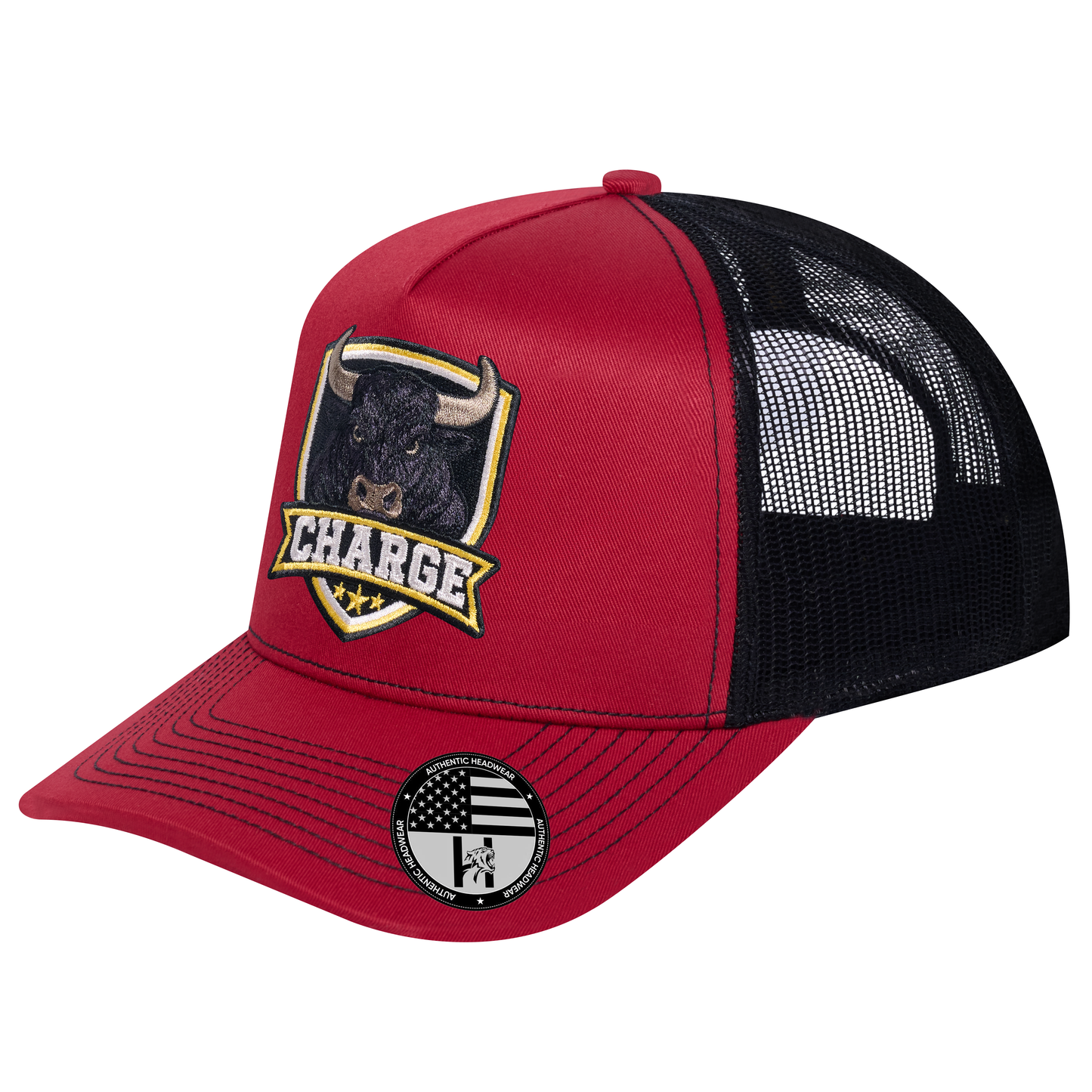 The Charge 5-Panel Trucker Hat - Burgundy front and Black mesh back - angled view