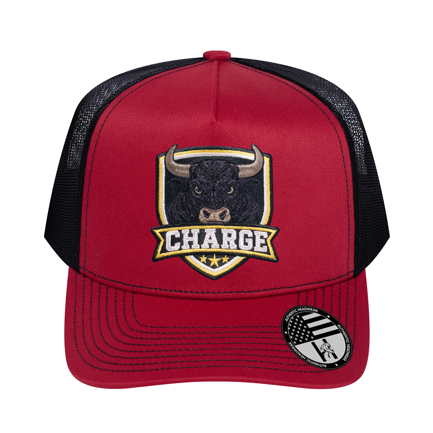 The Charge 5-Panel Trucker Hat - Burgundy front and Black mesh back - front view