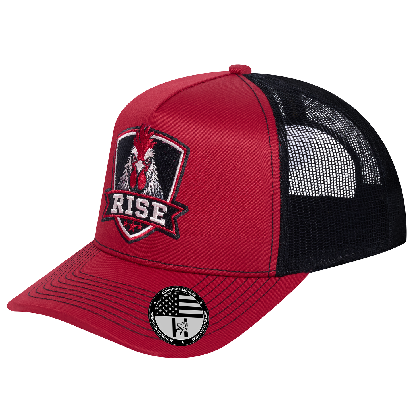 The Rise Rooster 5-Panel Trucker Hat - Burgundy front and Black mesh back - angled view