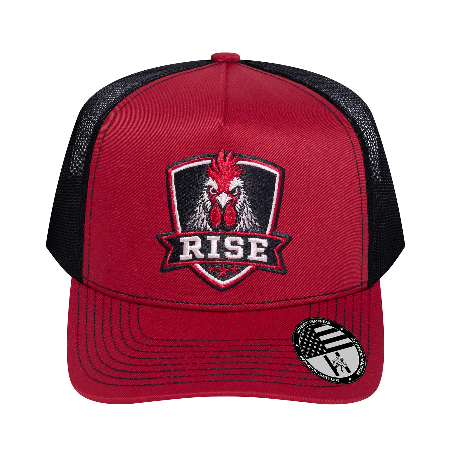 The Rise Rooster 5-Panel Trucker Hat - Burgundy front and Black mesh back - front view