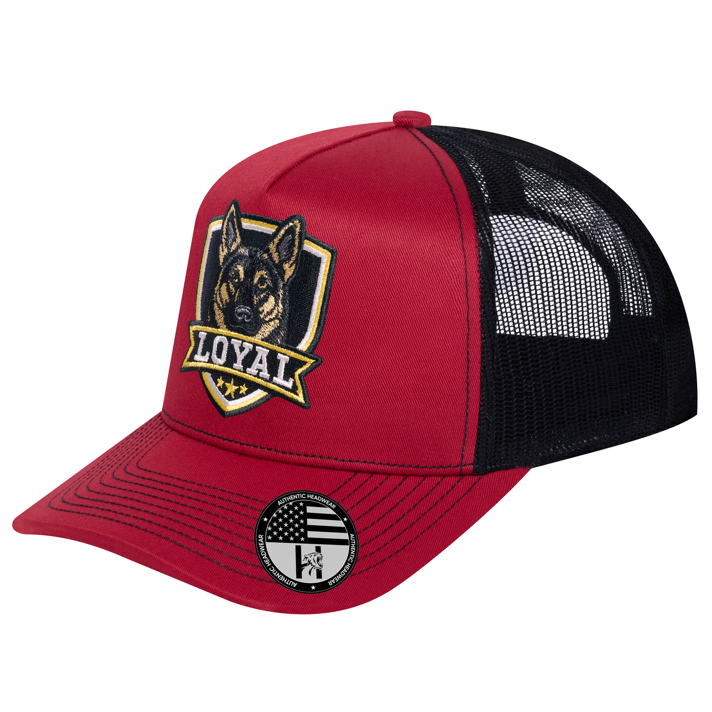 The Loyal 5-Panel Trucker Hat - Burgundy front and Black mesh back - angled view