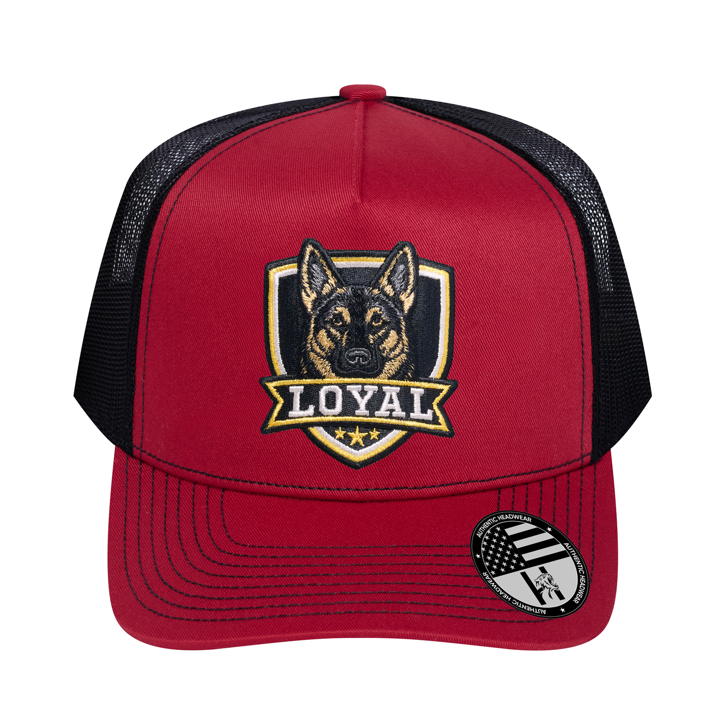 The Loyal 5-Panel Trucker Hat - Burgundy front and Black mesh back - front view
