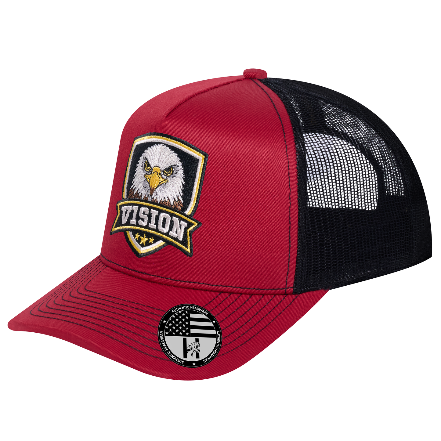 The Vision 5-Panel Trucker Hat - Burgundy front and Black mesh back - angled view