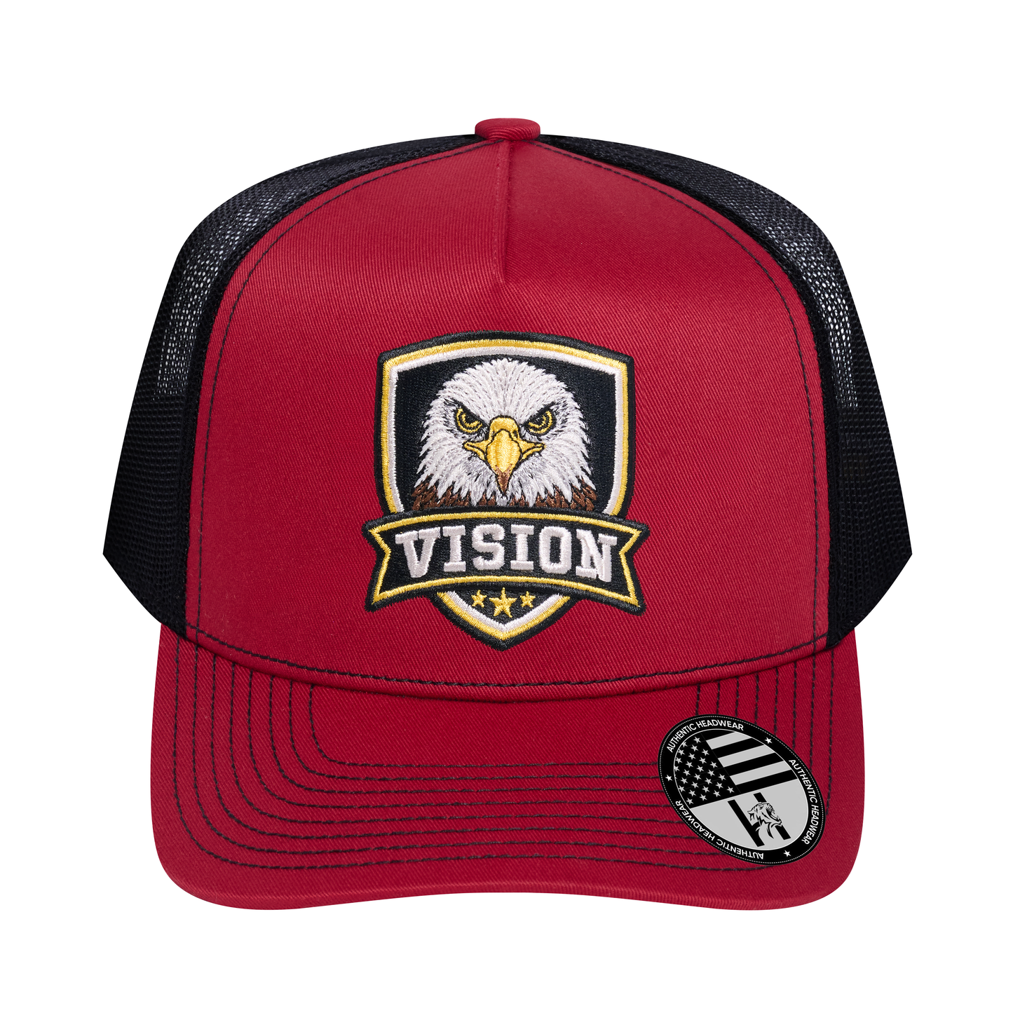 The Vision 5-Panel Trucker Hat - Burgundy front and Black mesh back - front view