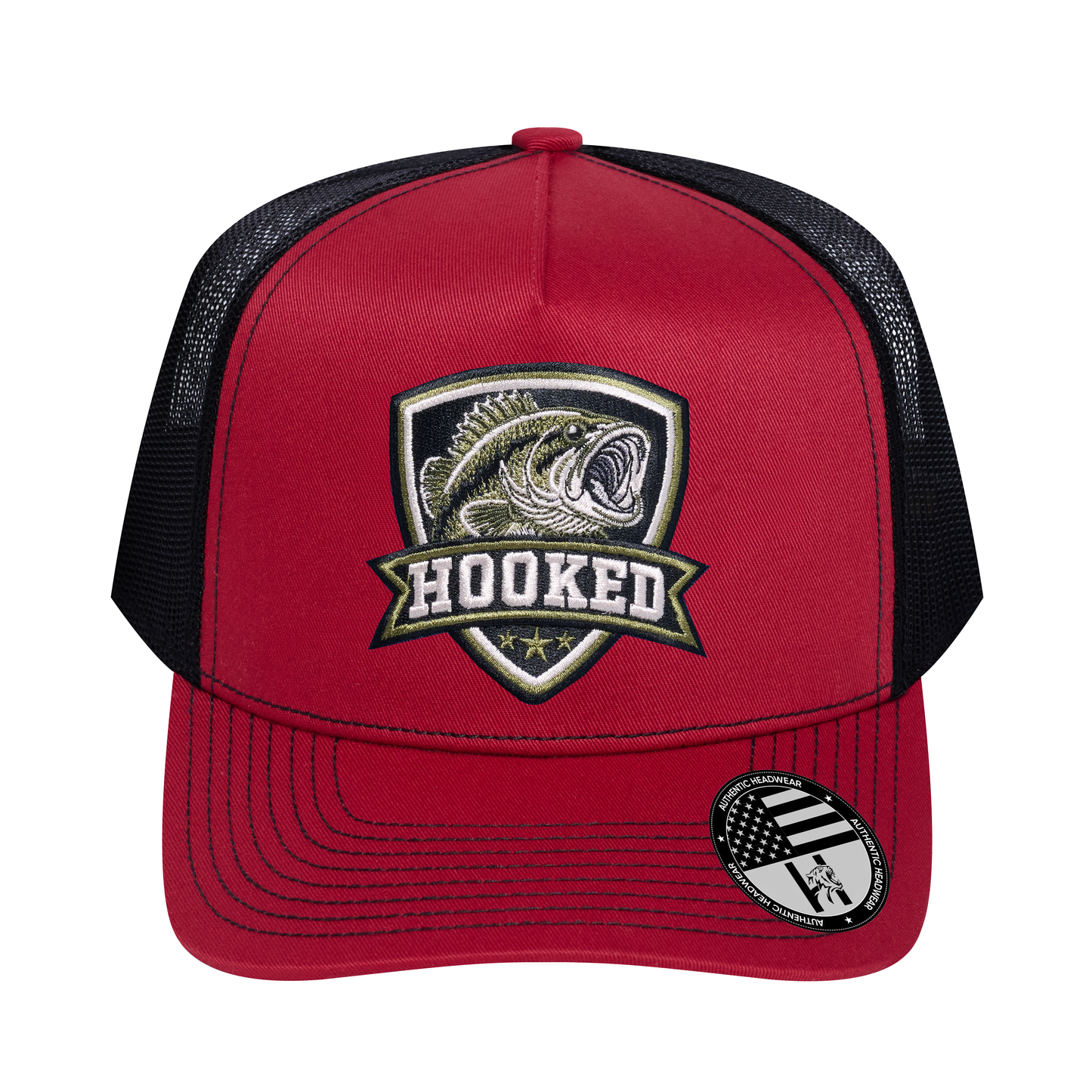 The Hooked Fishing 5-Panel Trucker Hat - Burgundy front and Black mesh back - front view