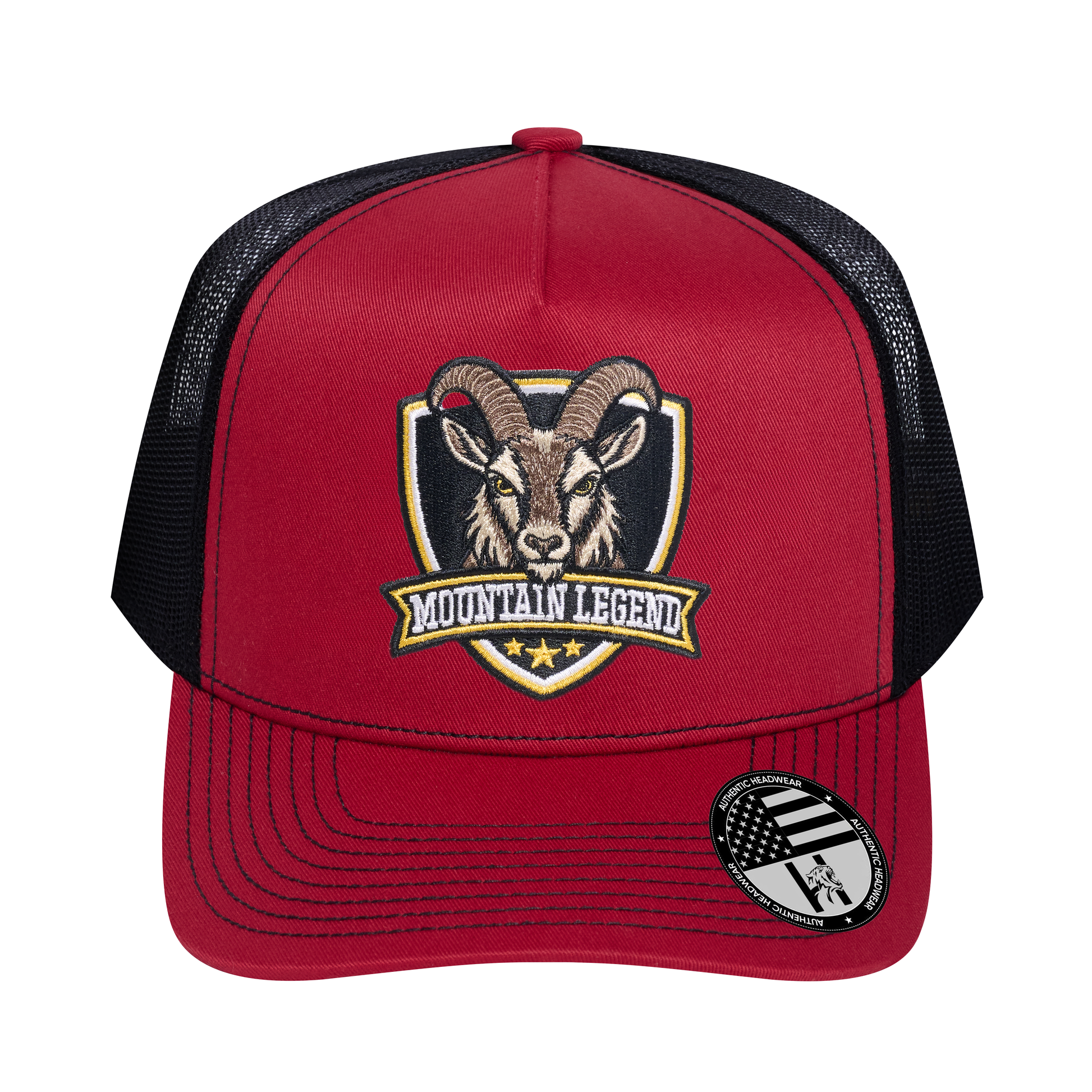 The Mountain Legend Goat 5-Panel Trucker Hat - Burgundy front and Black mesh back - front view