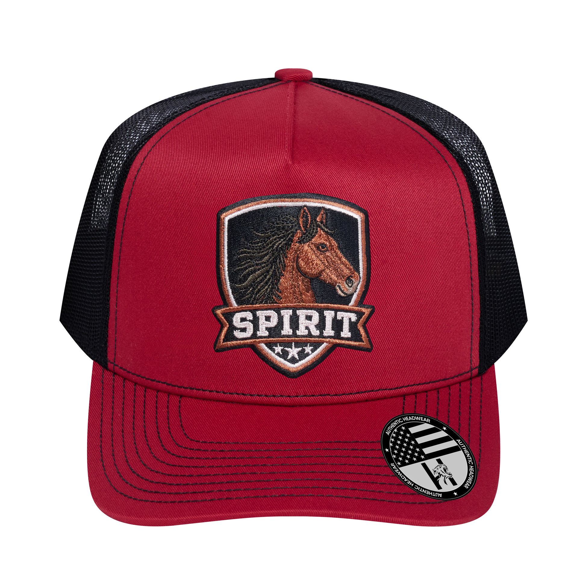 The Spirit 5-Panel Trucker Hat - Burgundy front and Black mesh back - front view