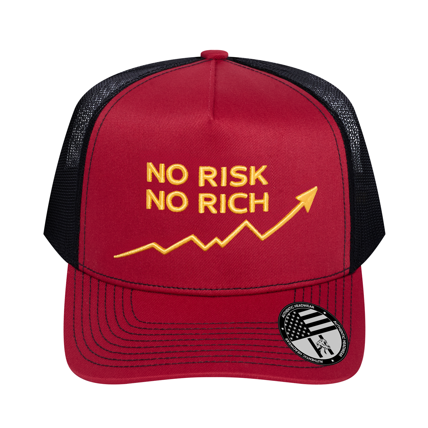 No Risk No Rich 5-Panel Trucker Hat - Burgundy front and Black mesh back - front view