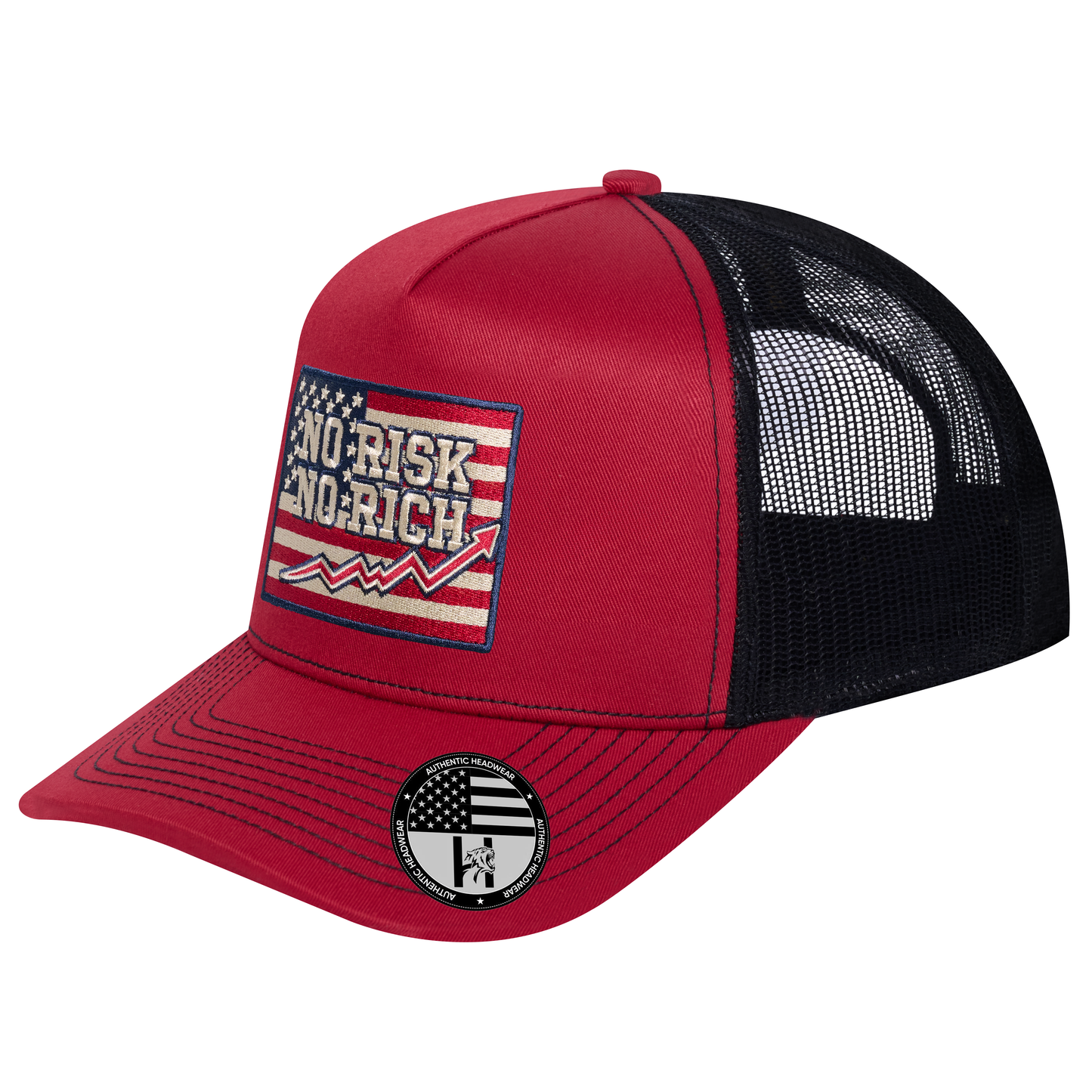 No Risk No Rich US Flag 5-Panel Trucker Hat - Burgundy front and Black mesh back - angled view