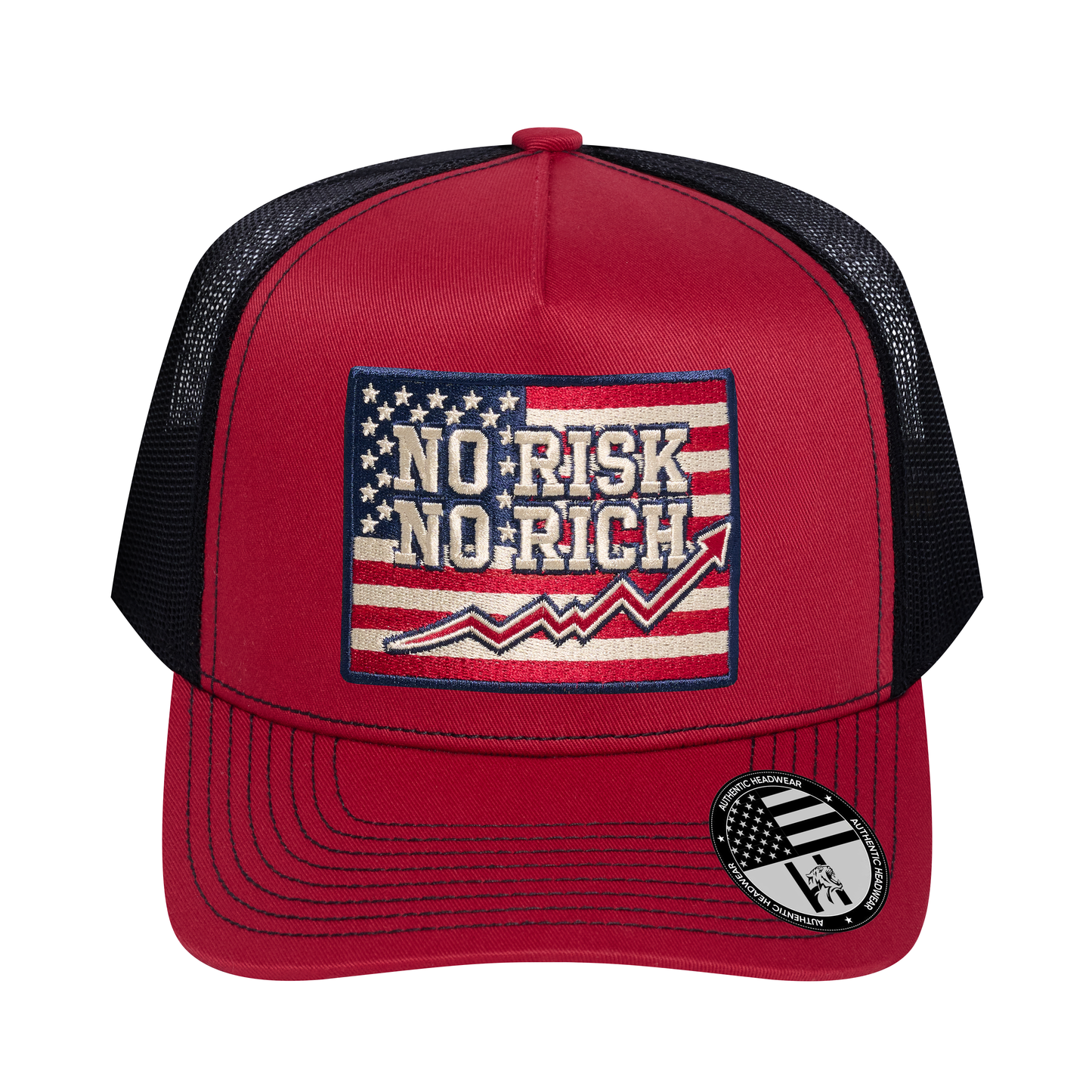 No Risk No Rich US Flag 5-Panel Trucker Hat - Burgundy front and Black mesh back - front view