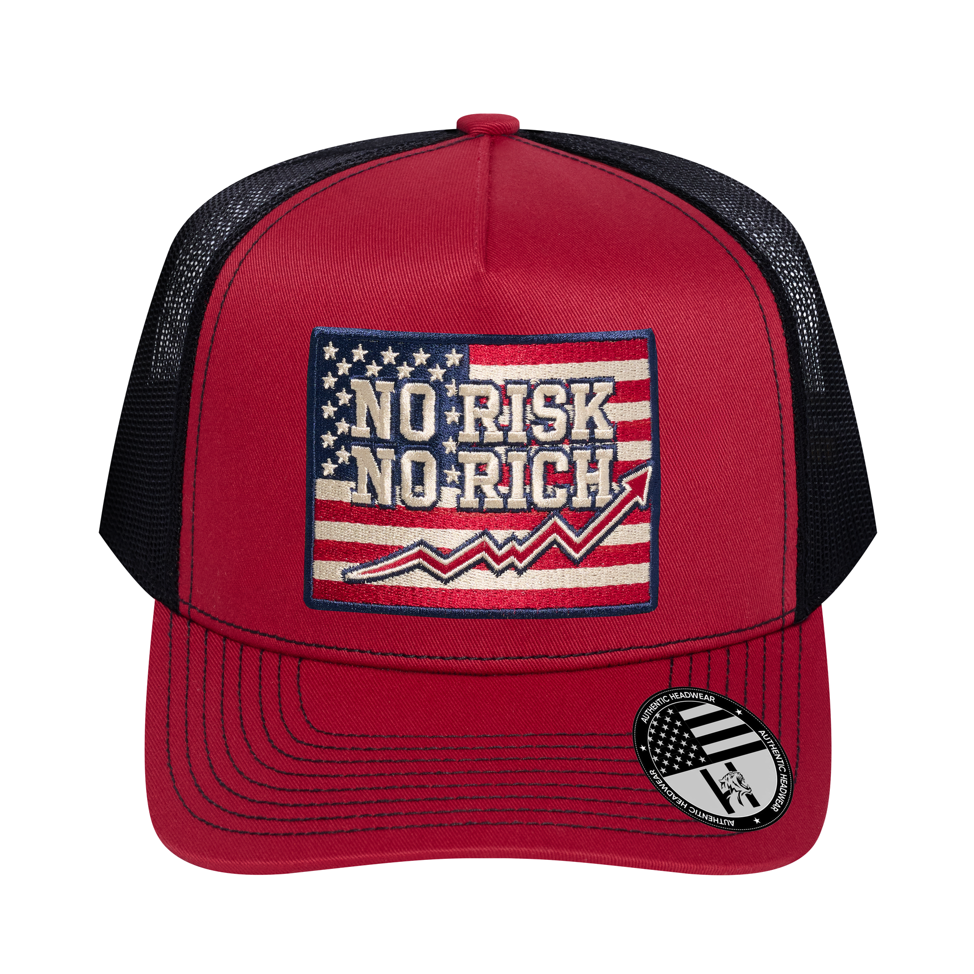 No Risk No Rich US Flag 5-Panel Trucker Hat - Burgundy front and Black mesh back - front view