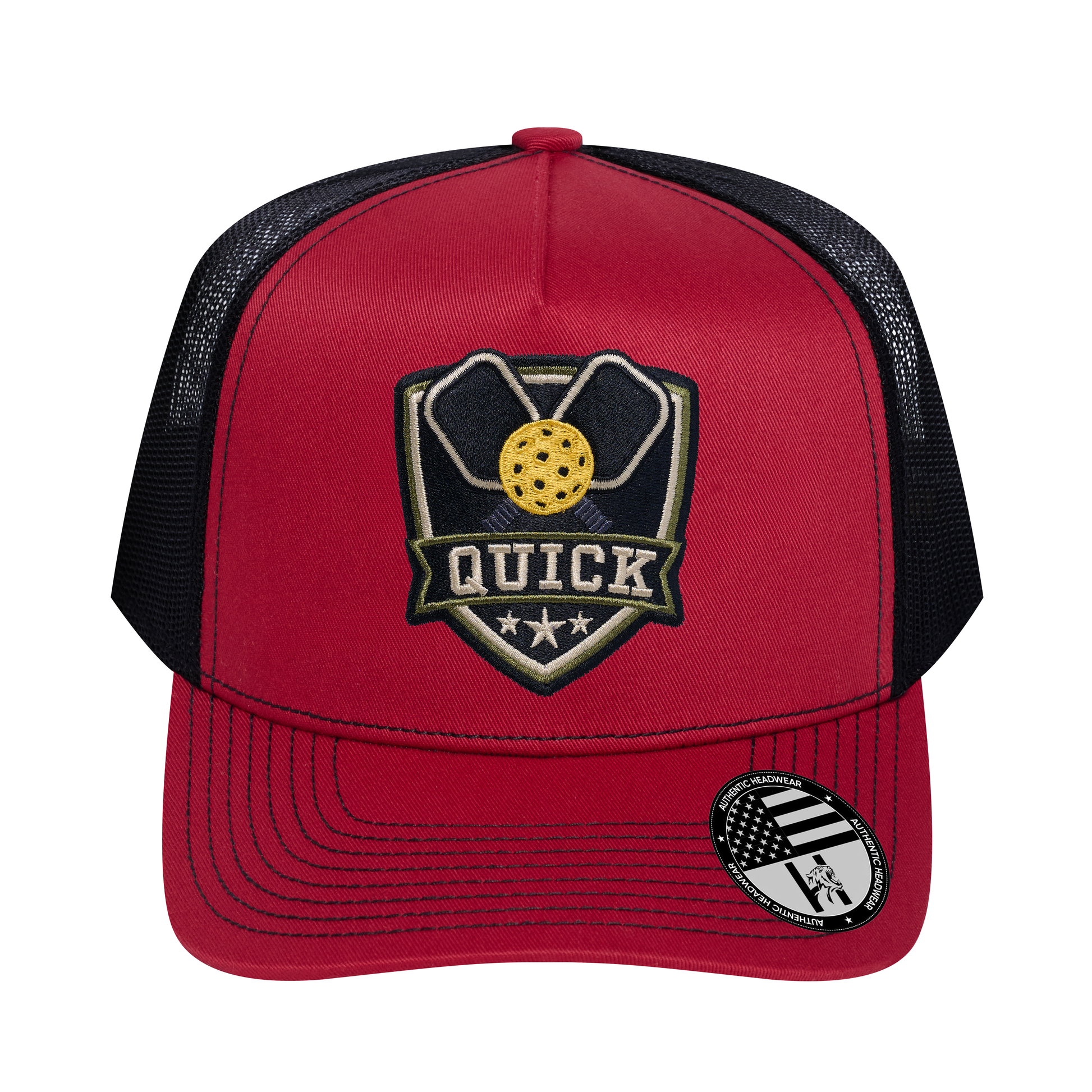 The Quick Pickleball 5-Panel Trucker Hat - Burgundy front and Black mesh back - front view