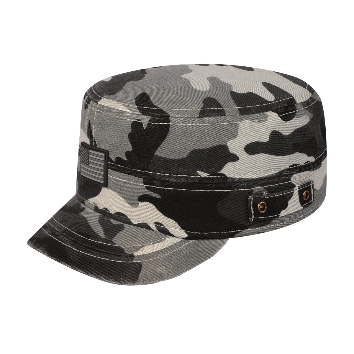 Rubber the US Flag Military Hat with Grey Camo front and Grey Camo back
