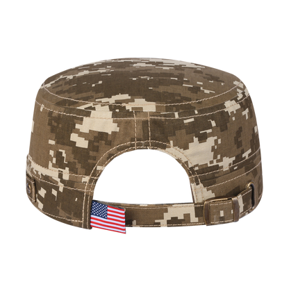 Leather the US Flag Military Hat with Khaki Camo front and Khaki Camo back