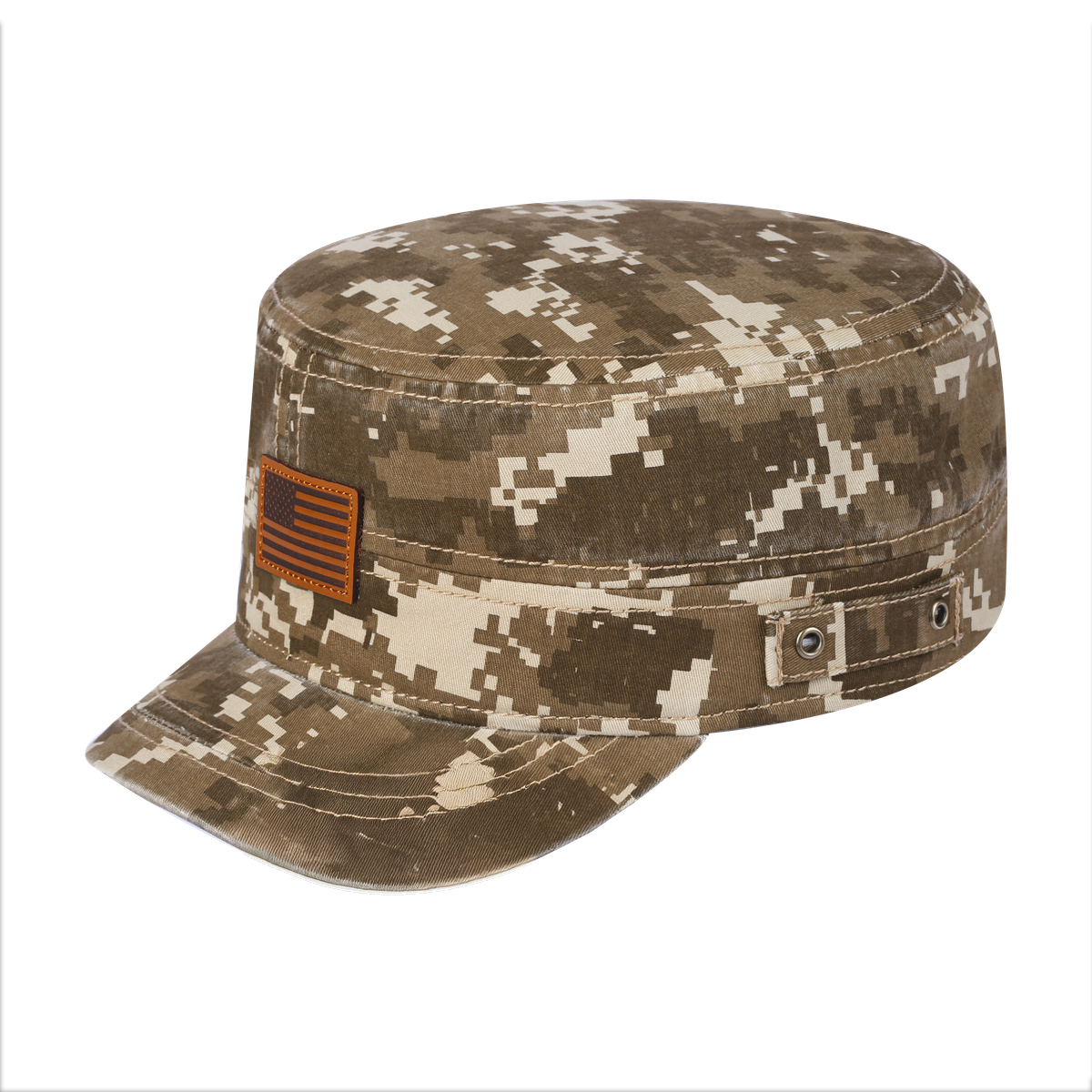 Leather the US Flag Military Hat with Khaki Camo front and Khaki Camo back