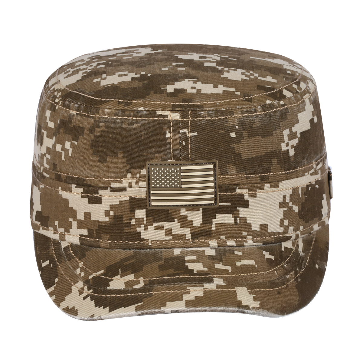 Rubber the US Flag Military Hat with Khaki Camo front and Khaki Camo back