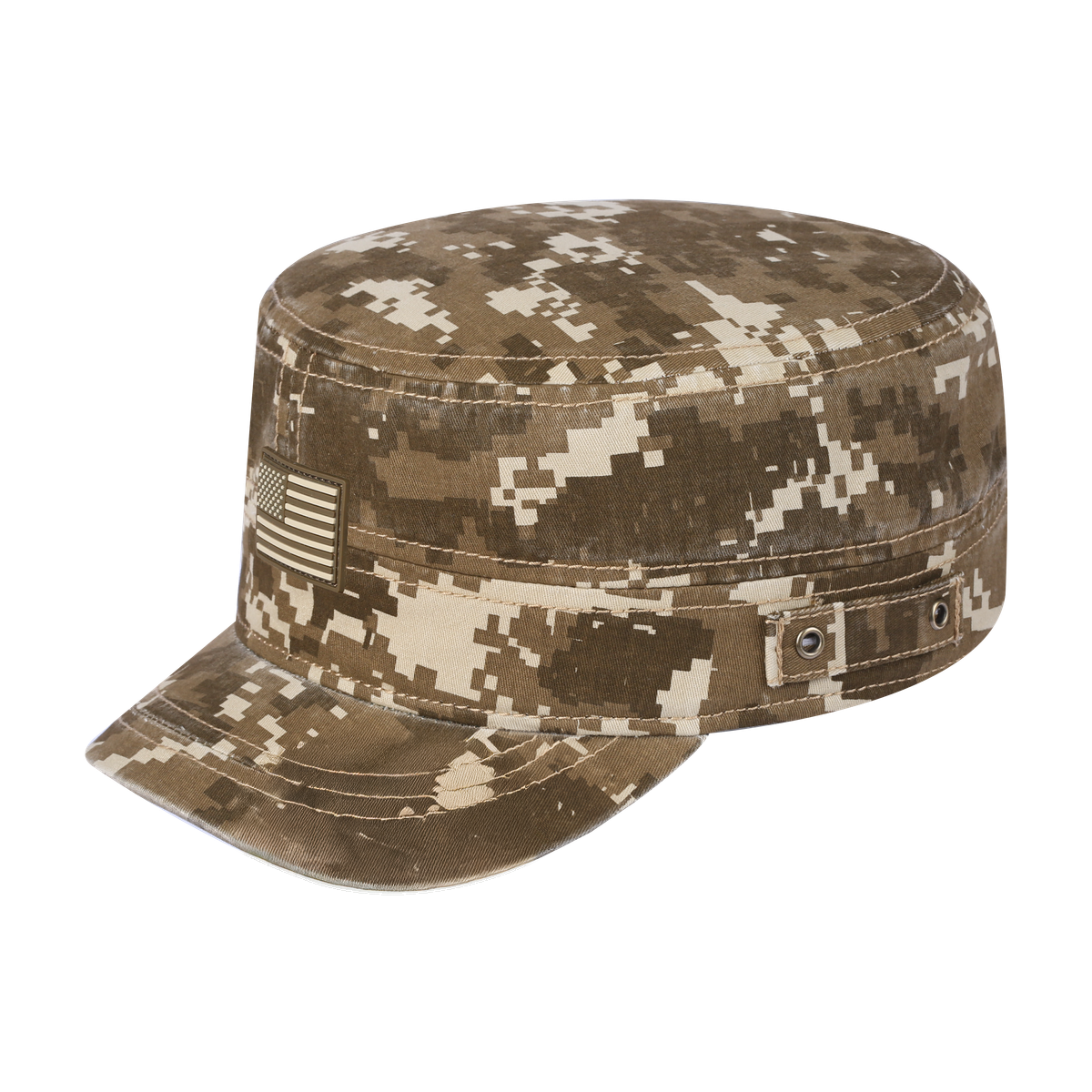 Rubber the US Flag Military Hat with Khaki Camo front and Khaki Camo back