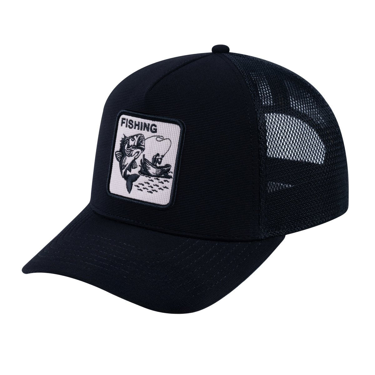 Fishing V2 5-Panel Trucker Hat with Black front and Black back