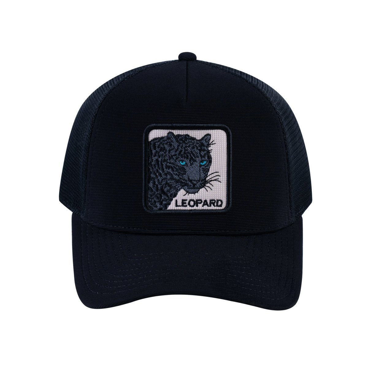Leopard V2 5-Panel Trucker Hat with Black front and Black back