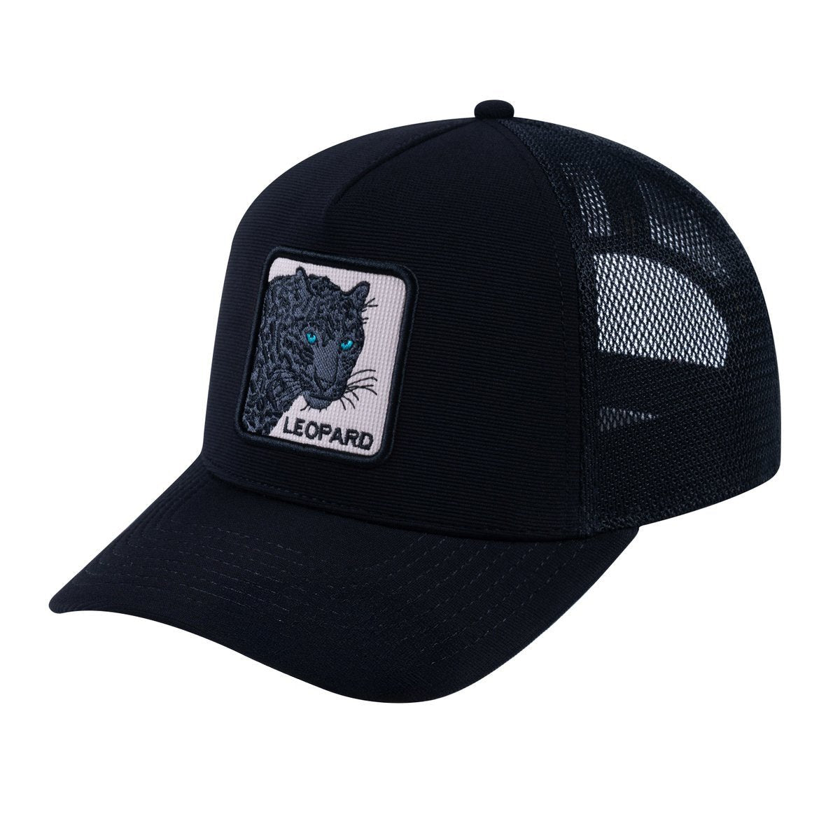 Leopard V2 5-Panel Trucker Hat with Black front and Black back